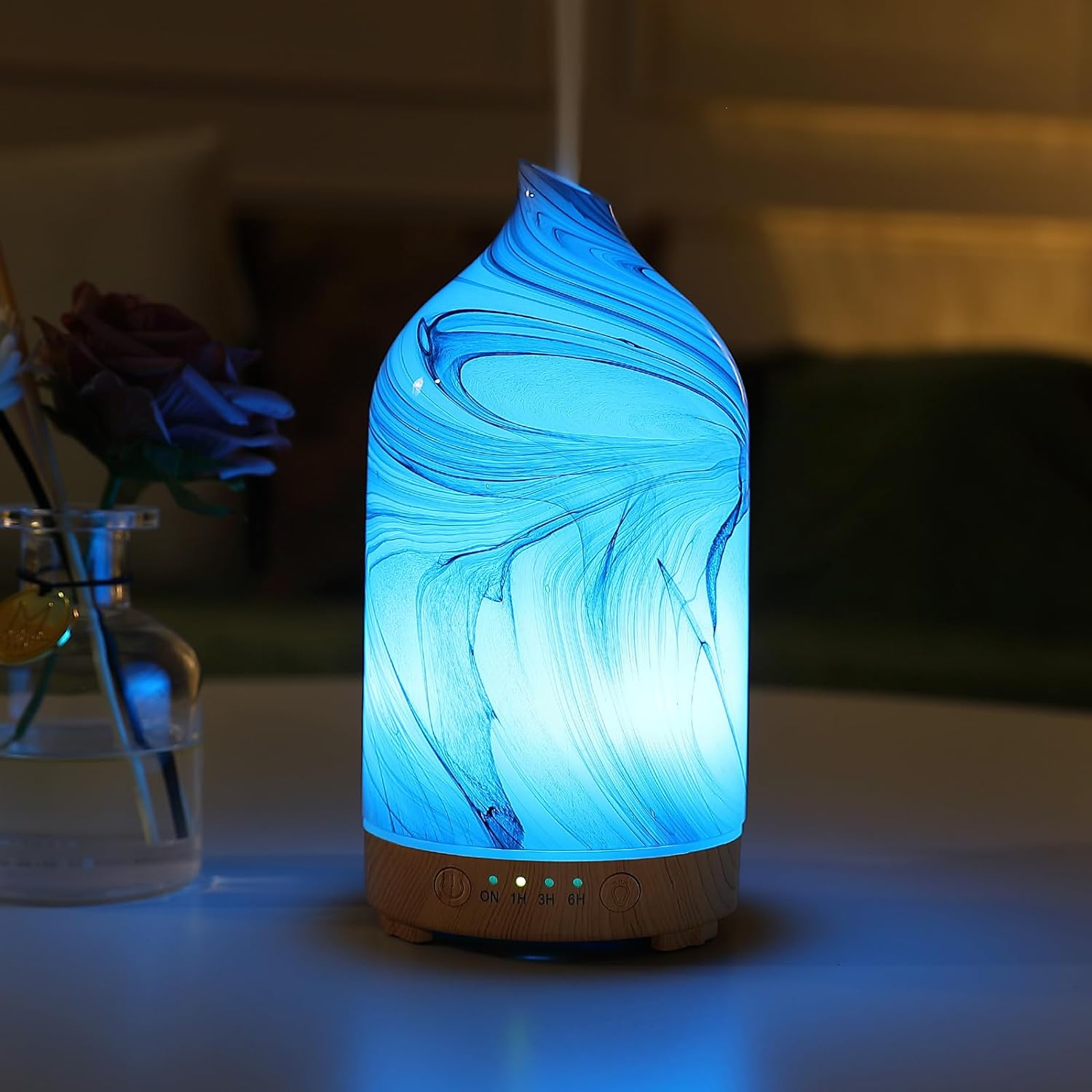 Marble Swirl Aromatherapy Diffuser 200ml handmade glass ultrasonic cool Mist scent aroma Essential Oil Diffuser Humidifier With Intermittent Mist & LED 7 Colorful Changing Night Light for Bedroom Home