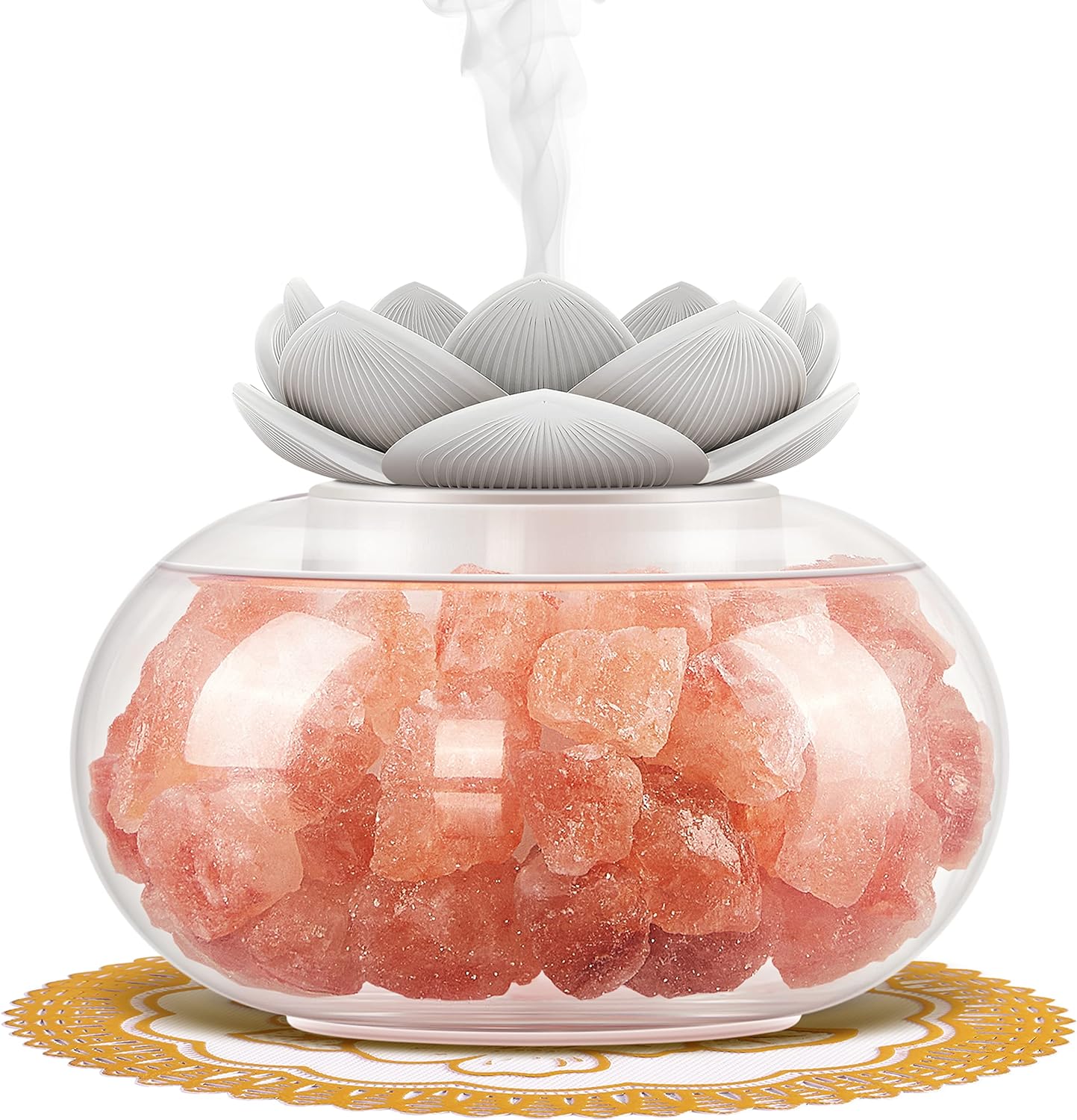 Essential Oil Diffusers Aromatherapy Diffuser: YeeQue Salt Lamp Diffuser for Home Bedroom Office, Himalayan Pink Crystal Cute Lotus Auto Shut-Off 7 Colors LED Night Light - White