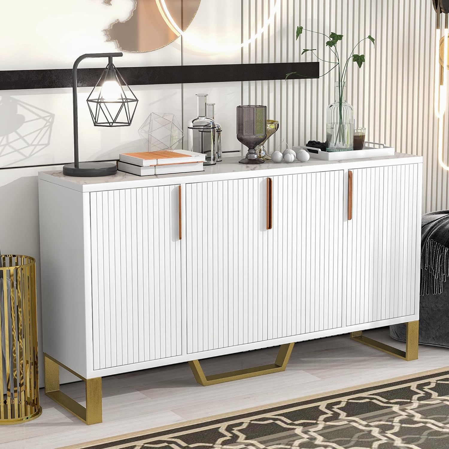 WILLIAMSPACE 60 White Modern Sideboard Buffet Cabinet, Mid-Century Wood Cabinet with 4 Doors & Gold Metal Legs, Adjustable Shelves for Living Room, Dining Room (White)