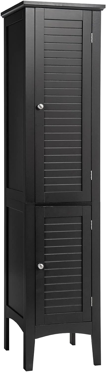 Tangkula Tall Bathroom Storage Cabinet, 5-Tier Wooden Freestanding Tower Cabinet Floor Organizer, Narrow Storage Floor Cabinet w/2 Doors & Shelves for Bathroom Living Room Kitchen (Black)