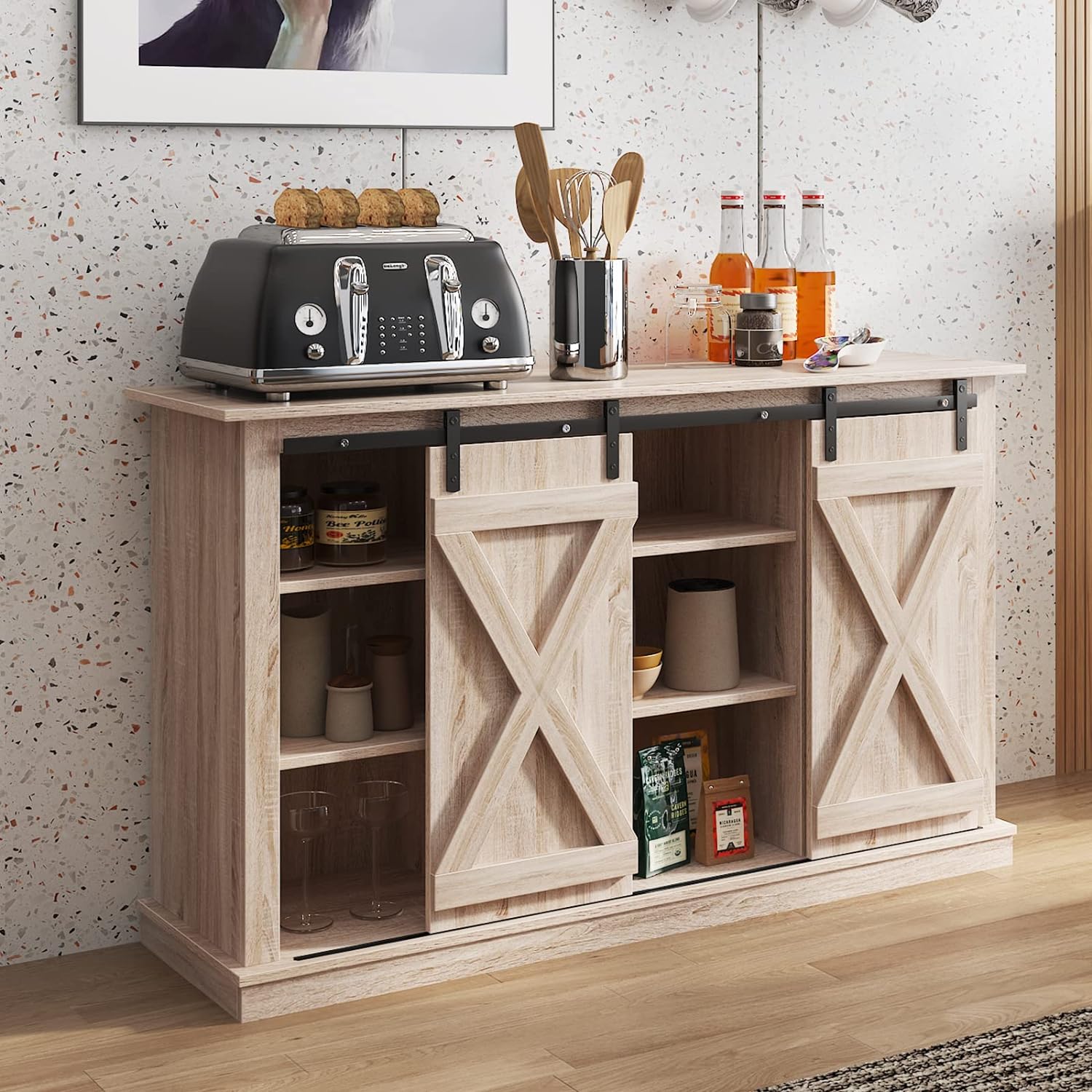 soges Sideboard Buffet Cabinet, Coffee Bar Cabinet with Sliding Barn Doors, Storage Cabinet with Adjustable Shelves for Living Room, Dining Room, Kitchen