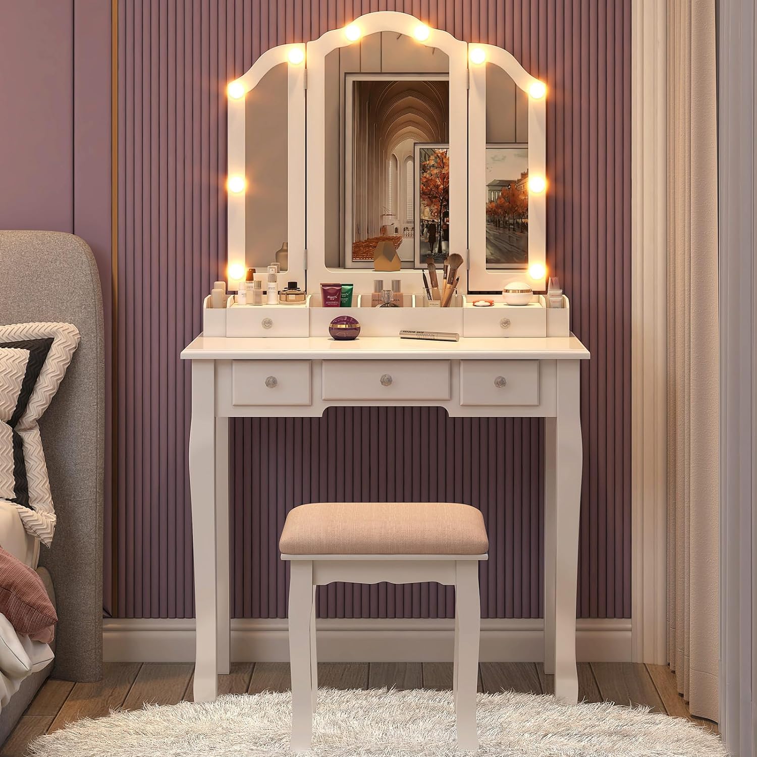 Makeup Vanity Set Teen Vantity Set White Vanity Desk with Mirror and Lights Vanity Table with Lights Makeup Vanity with Lights Vanity Mirror with Lights Desk and Chair Makeup Vanity Table