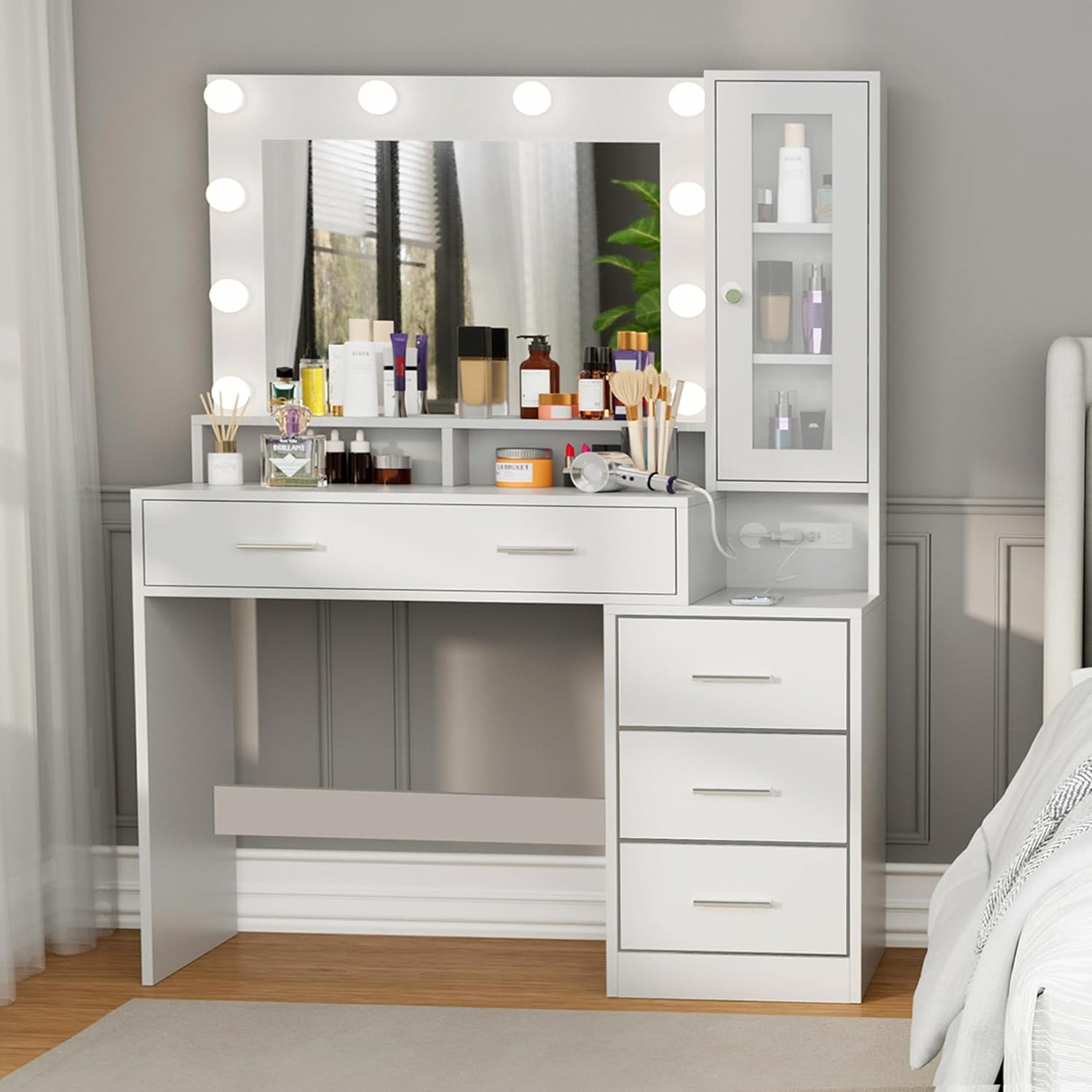 Likein Makeup Vanity with Charging Station, White Vanity with Lighted Mirror, Vanity Desk with Mirror and Lights, Modern Dressing Table with Nightstand Large Drawers & Cabinet for Women Girls Bedroom