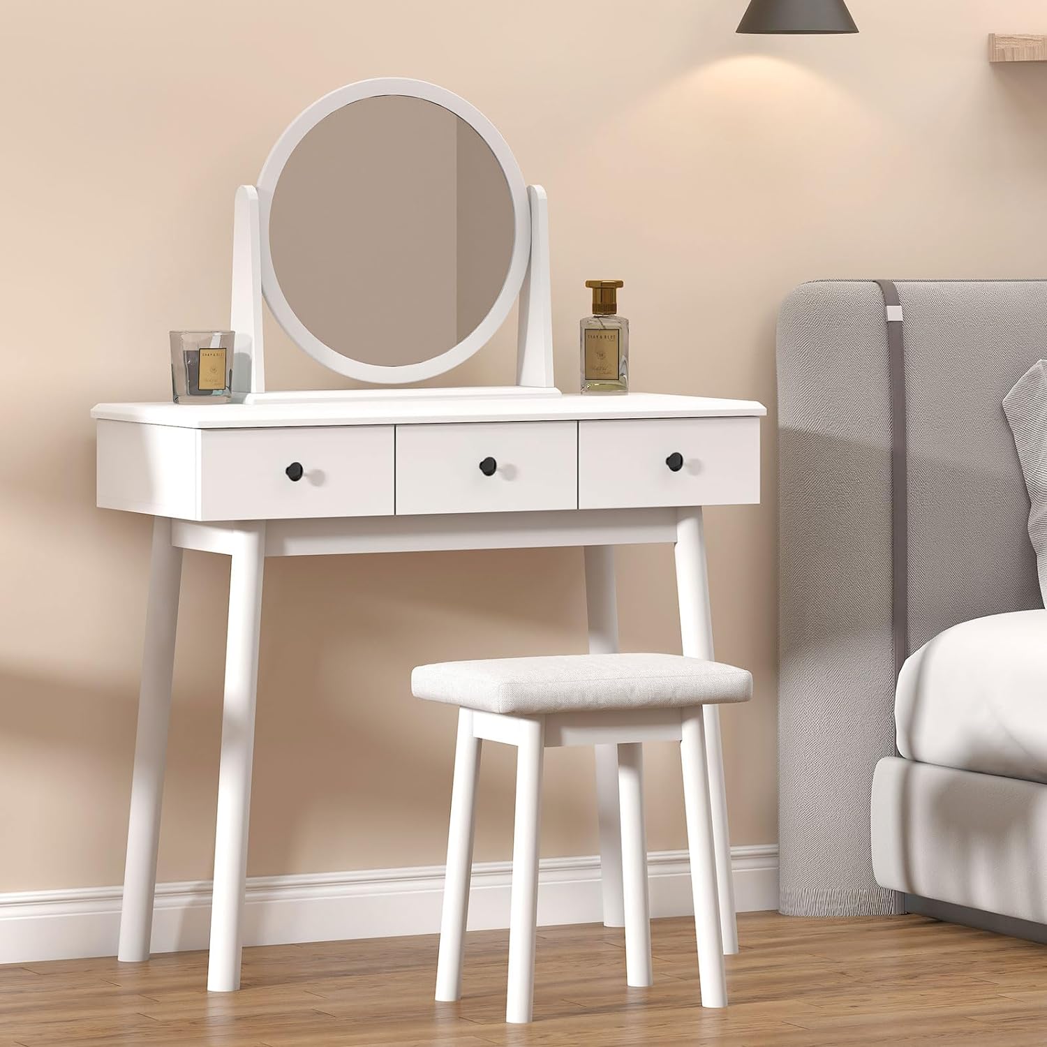 soges Makeup Vanity Table Set, 3-Drawer Dresser Desk, 360 Pivoting Round Mirror, Cushioned Stool, Bedroom Dressing Table Set, White