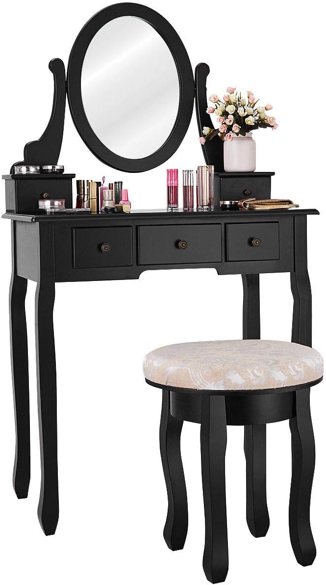 Giantex Vanity Makeup Table Set Bedroom Furniture with Cushioned Padded Stool & 5 Drawer Round 360 Degree Rotation Swivel Mirror Dressing Table Stool Wooden Vanity Set (Black with 5 Drawer)