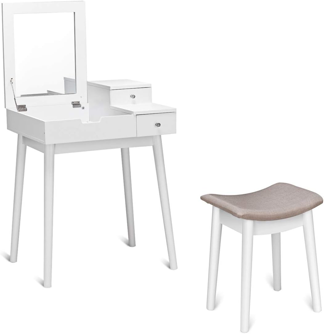 Giantex Vanity Table Set with Flip Top Mirror and Cushioned Stool, Folding Top Flip Mirrored Large Storage Organizer for Home Bedroom Bathroom, Makeup Dressing Table Set with 2 Drawers, White