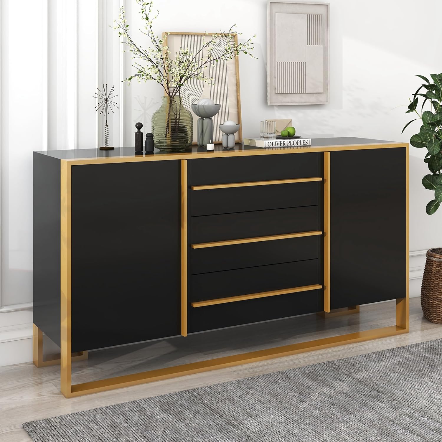 WILLIAMSPACE 59 Black Sideboard Buffet Cabinet with 3 Drawers, Modern Wood Cabinet with Gold Metal Frame, Large Storage Space, Adjustable Shelves, Sideboard for Living Room, Entryway (Black)