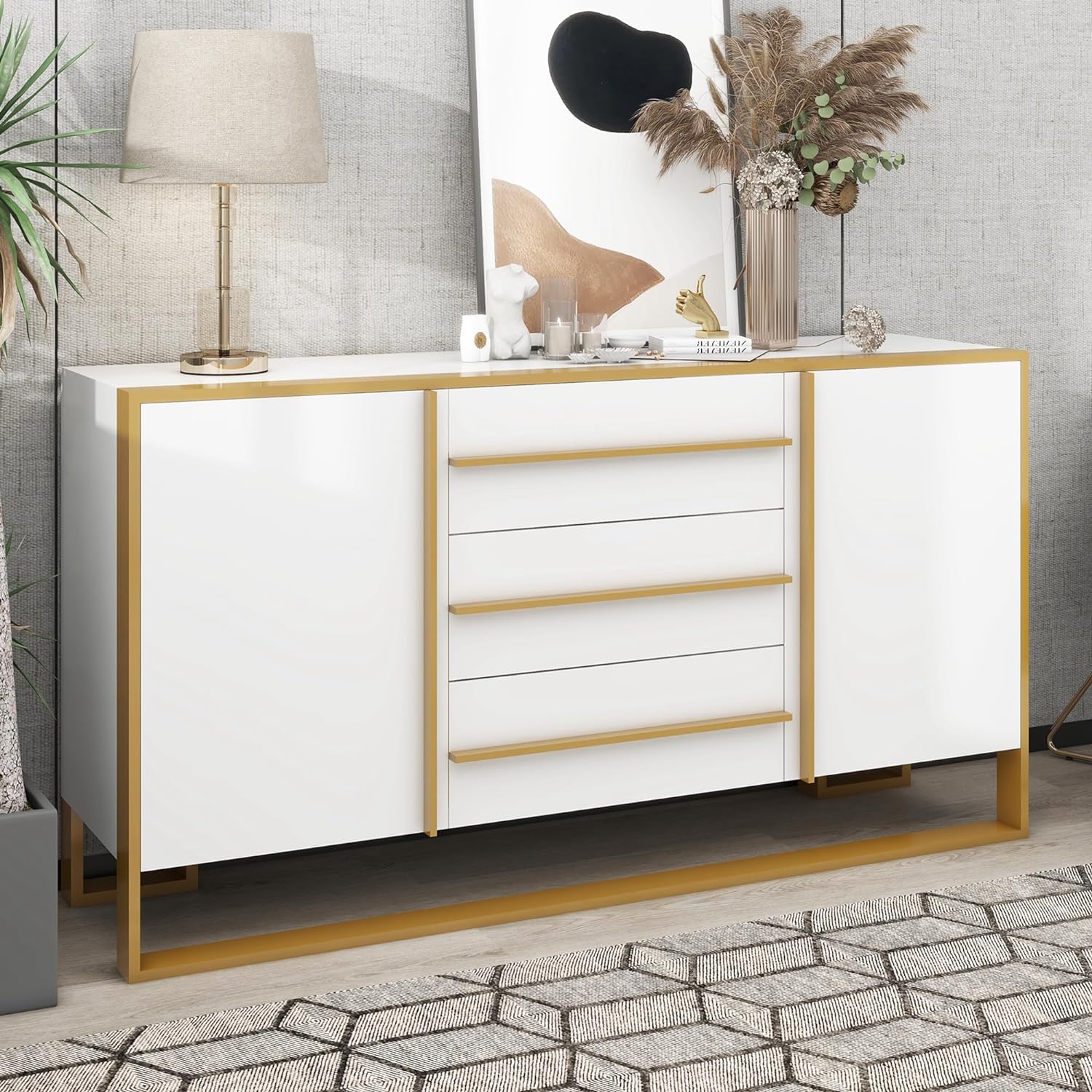 WILLIAMSPACE 59 White Sideboard Buffet Cabinet with 3 Drawers, Modern Wood Cabinet with Gold Metal Frame, Large Storage Space, Adjustable Shelves, Sideboard for Living Room, Entryway (White)