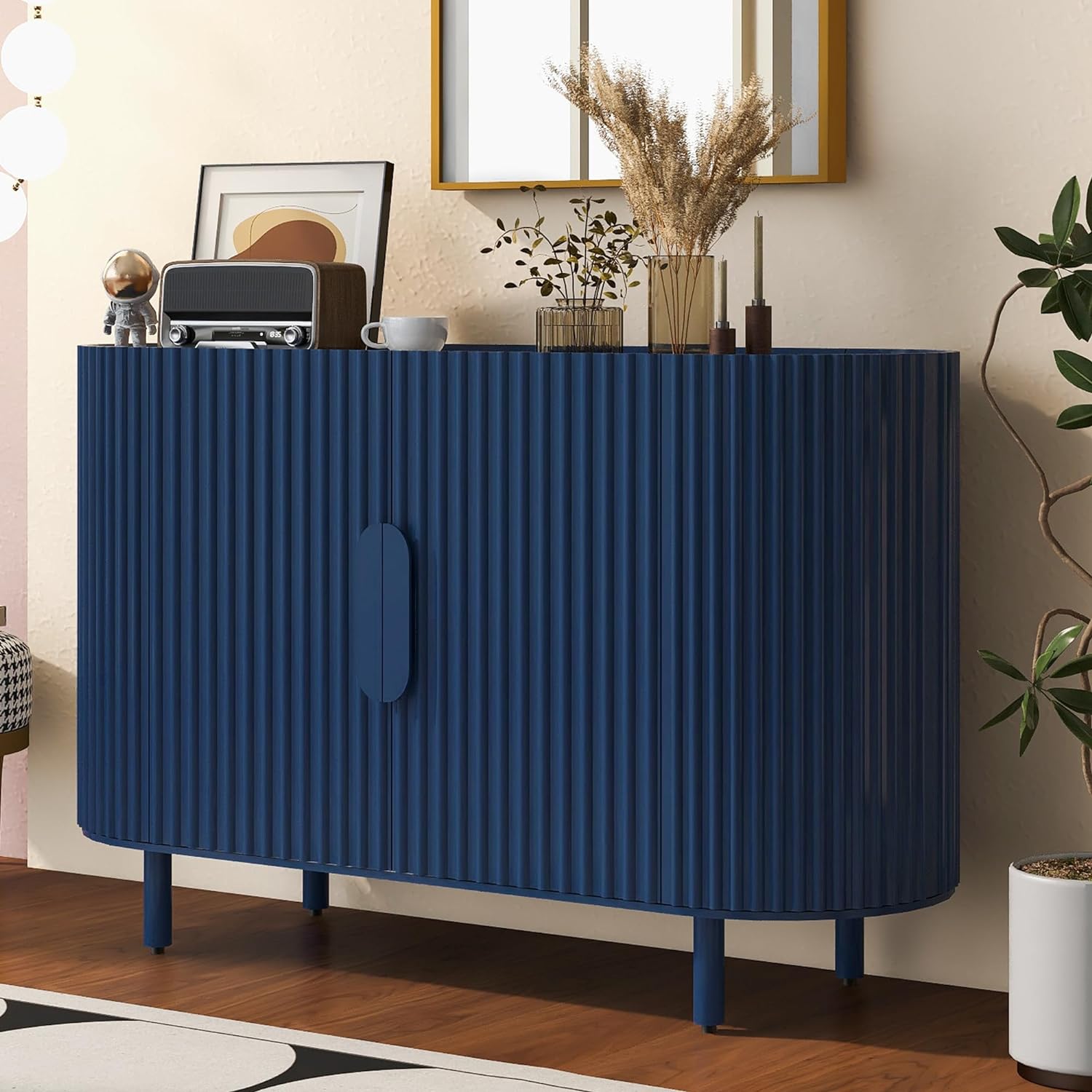 WILLIAMSPACE 47.8 Blue Sideboard Buffet Cabinet, Modern Curved Light Luxury Sideboard with Adjustable Shelves, 4-Door Wood Cabinet Suitable for Living Room, Study and Entrance (Blue)