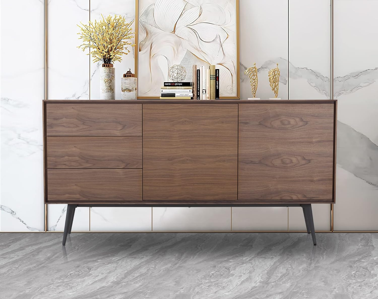 WILLIAMSPACE 62.4 Mid-Century Buffet Sideboard, Modern Walnut Wood Cabinet with 3 Drawers and Adjustable Shelves Storage, Entryway Serving Storage Cabinet with Metal Legs