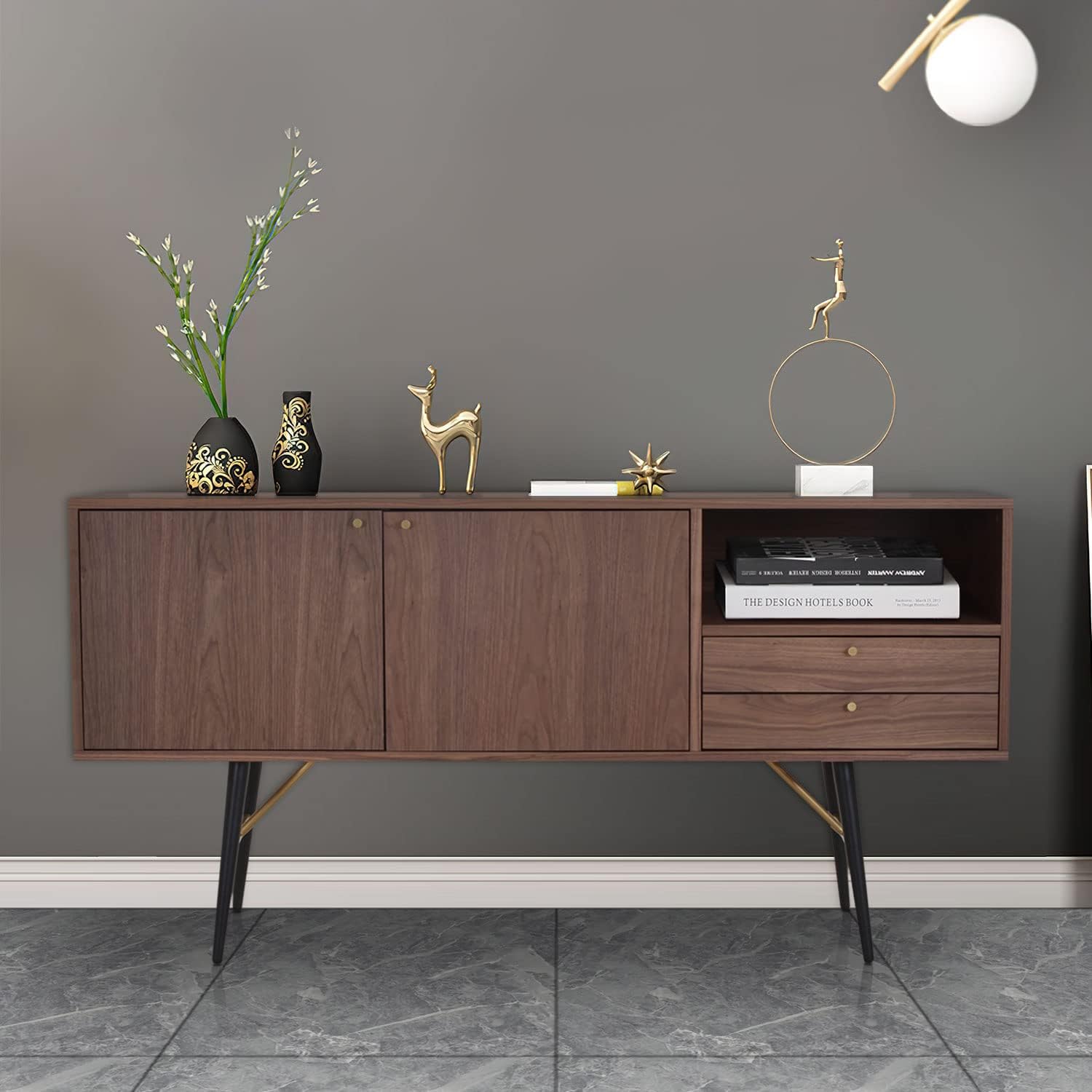 WILLIAMSPACE 62.4 Mid-Century Buffet Sideboard, Modern Walnut Wood Cabinet with 2 Drawers and 2 Doors Storage, Entryway Serving Storage Cabinet with Metal Legs