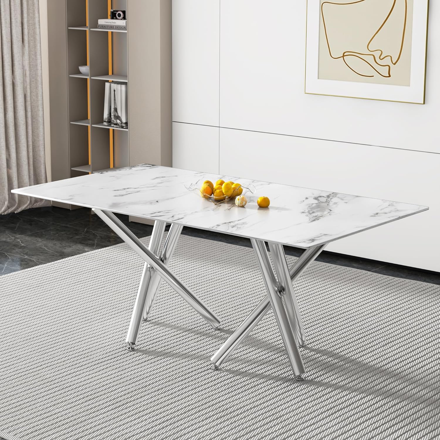 WILLIAMSPACE 70.9 Glass Dining Table with Imitation Marble Desktop and Silver Metal Legs, Modern Kitchen Dining Table for 6-8 Person, Rectangular Dining Table for Dining Room Living Room - White