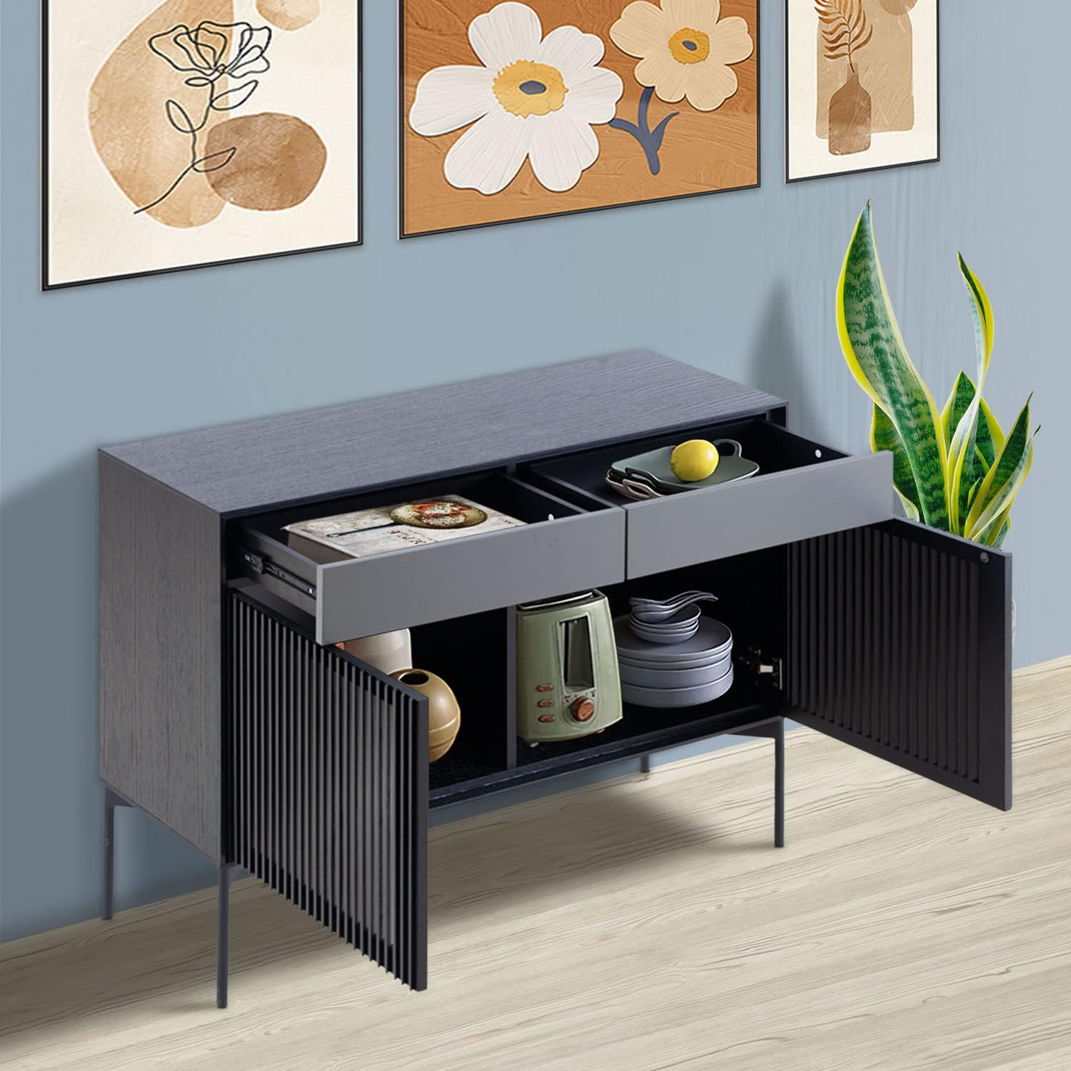 WILLIAMSPACE 43 Mid-Century Wood Cabinet Buffet Sideboard with 2 Drawers and 2 Louvered Door Storages, Floor Storage Cabinet, Side Standing Cupboard for Living Room, Kitchen - Matte Black & Grey
