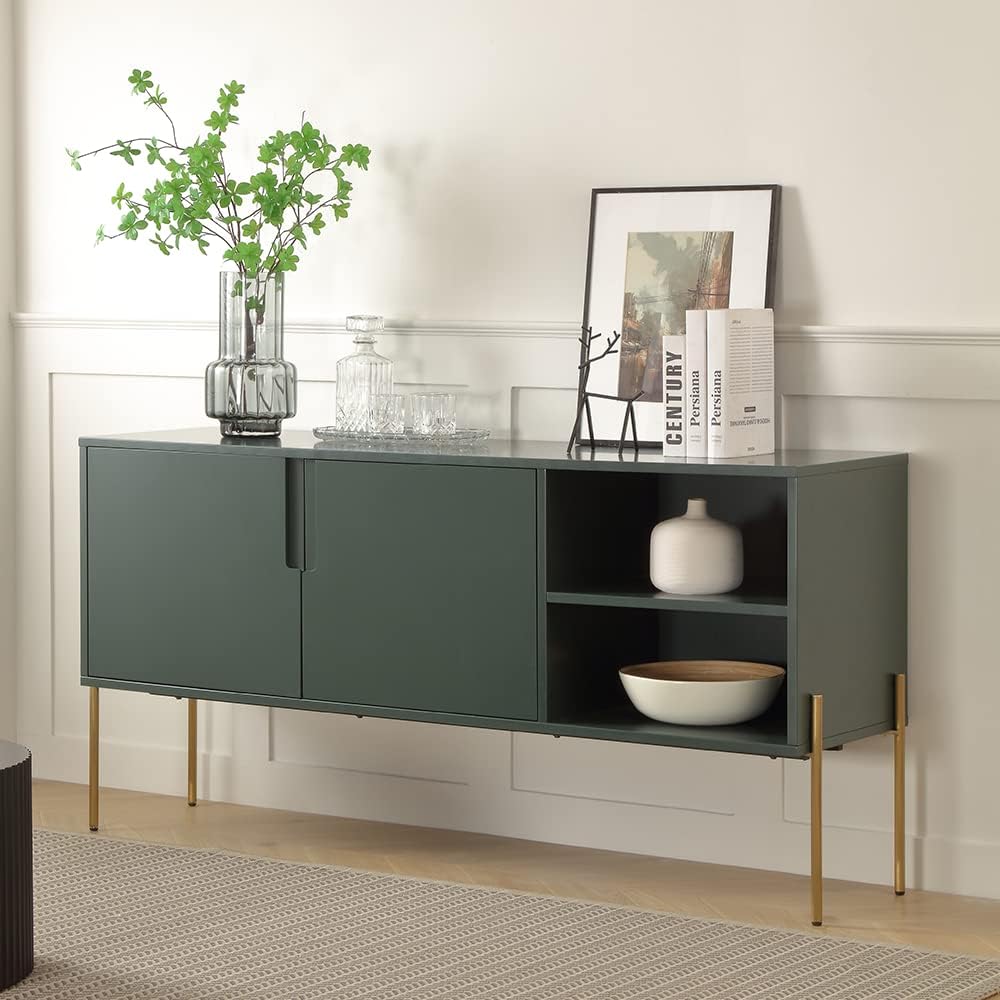 WILLIAMSPACE 64 Buffet Sideboard, Mid-Century Modern Wood Cabinet with 2 Doors and Open Storages, Entryway Serving Storage Cabinet with Metal Legs - Matte Green