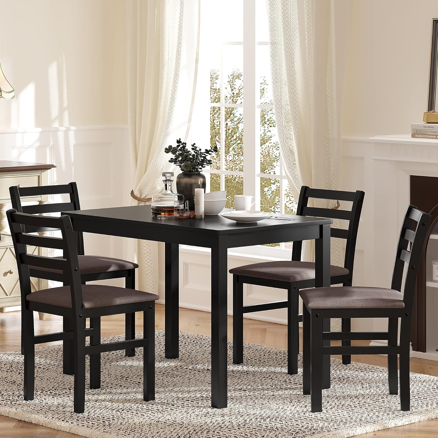 WILLIAMSPACE Dining Table Set for 4, 5-Piece Dining Table Set, 4 Upholstered Ladder Back Chairs with Brown Cushion, 43 Square Stylish Dining Table for Kitchen, Small Space (Black Brown)