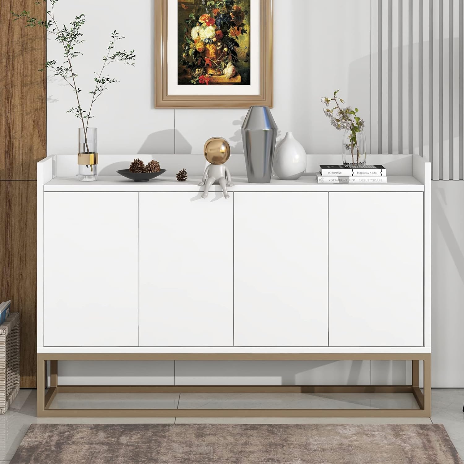 WILLIAMSPACE 47 White Sideboard Buffet Cabinet with 4 Doors & Adjustable Shelf, Modern Floor Storage Cabinet with Gold Metal Legs for Kitchen Living Room, Large Storage Space (White)