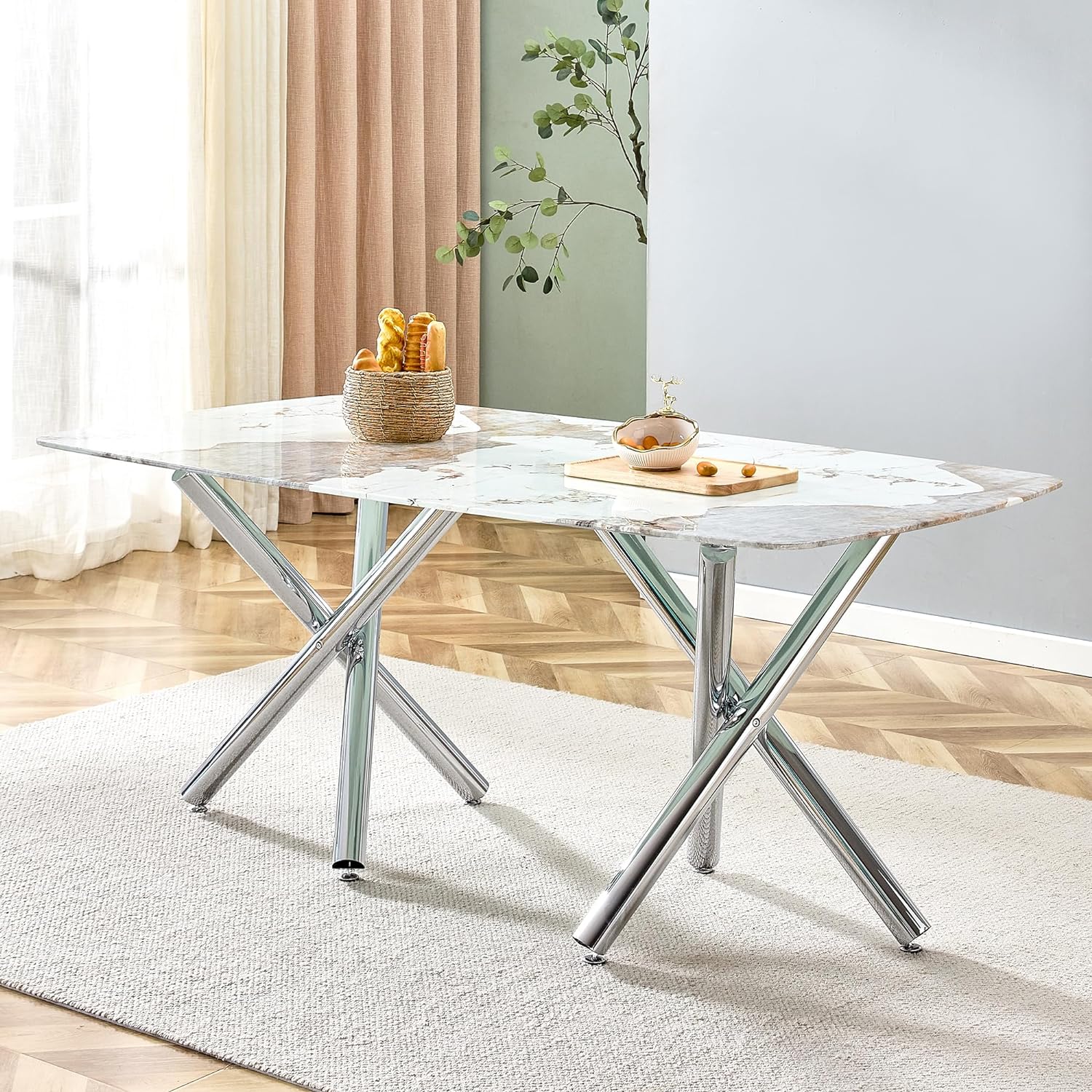 WILLIAMSPACE 70.9 Tempering Glass Dining Table with Silver Metal Legs, Modern Kitchen Dining Table for 6-8 Person, Rectangular DiningTable for Dining Room Living Room - White