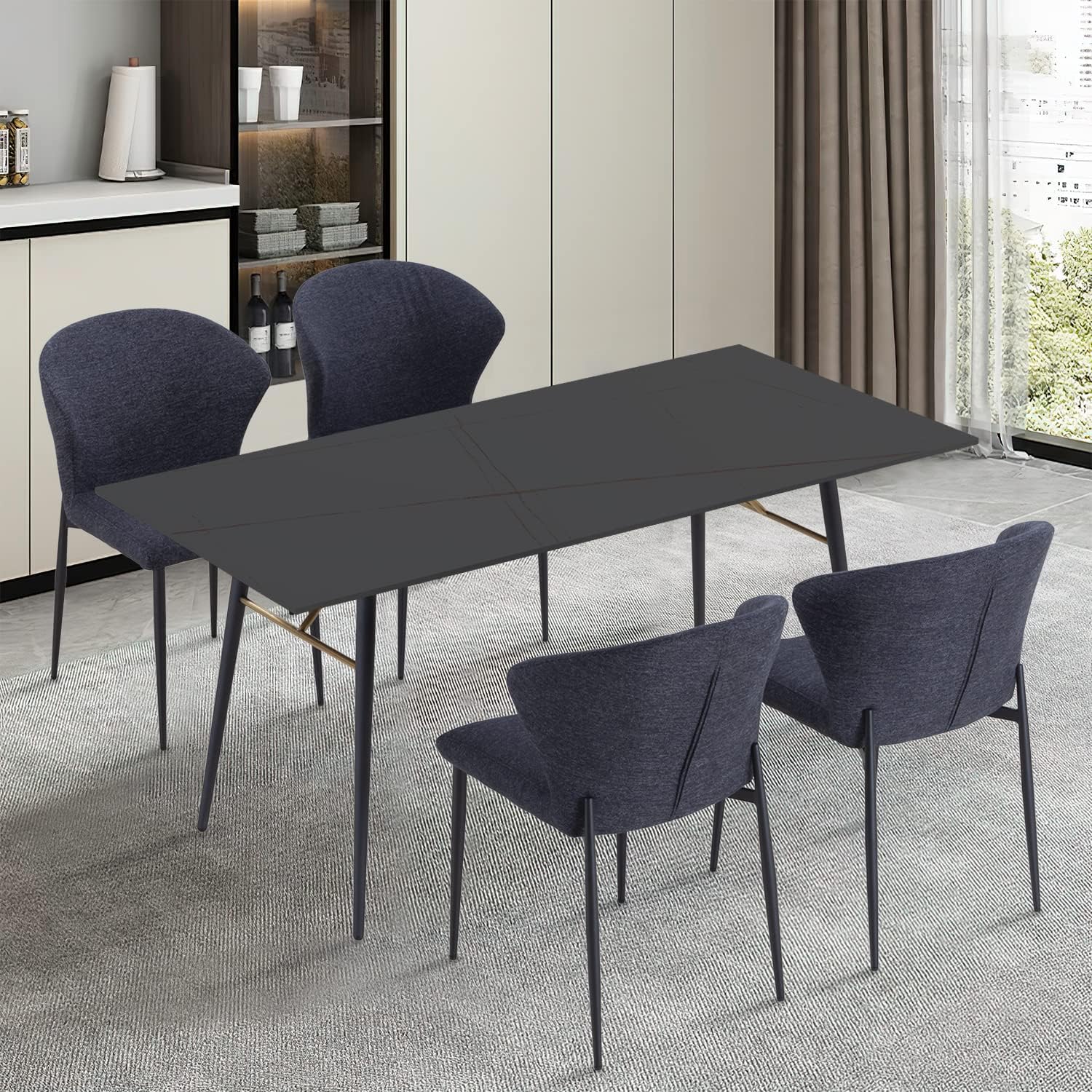 WILLIAMSPACE 62 Dining Table with Sintered Stone Top and Metal Legs, Modern Slate Dining Table for Living Room, Dining Room, Home and Office (Black)