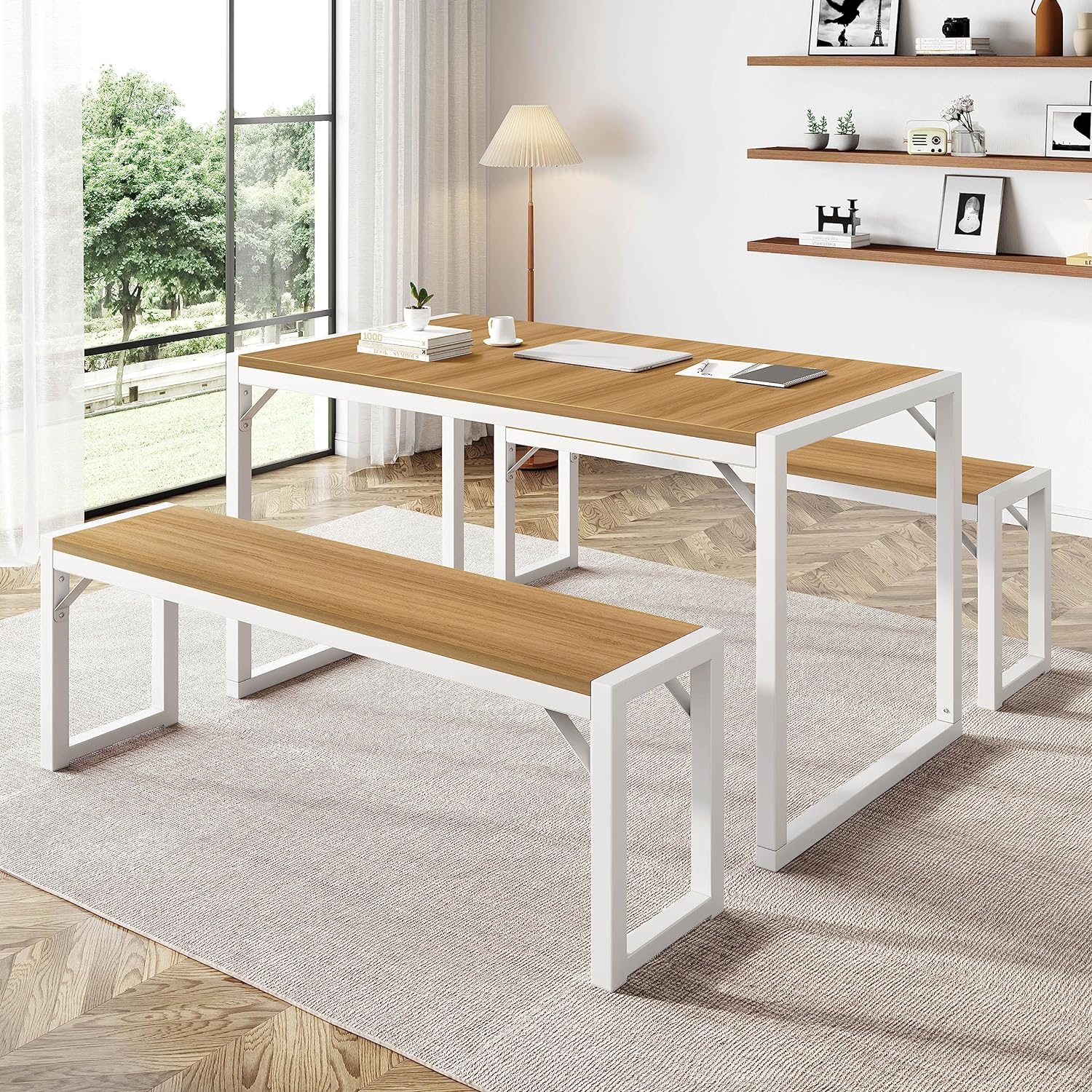 IMUsee 3PC 47.2 Dining Table Set for 4-6, Heavy Duty Kitchen Table with Benches, Kitchen & Dining Room Table Set, Space-Saving Dinette, White