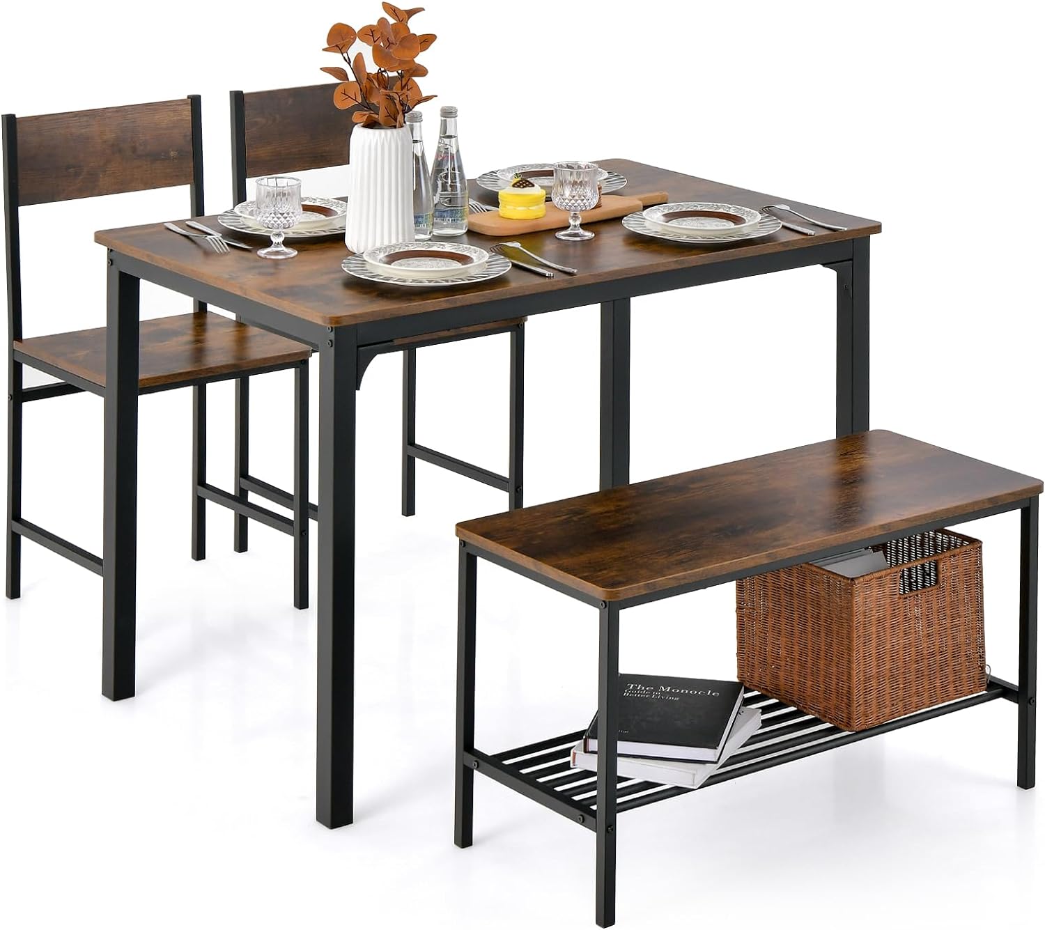 Giantex Dining Table Set for 4, Kitchen Table w/ 2 Chairs & 1 Bench, Industrial Gathering Bench Dinette Set W/Metal Frame & Storage Rack (Coffee)