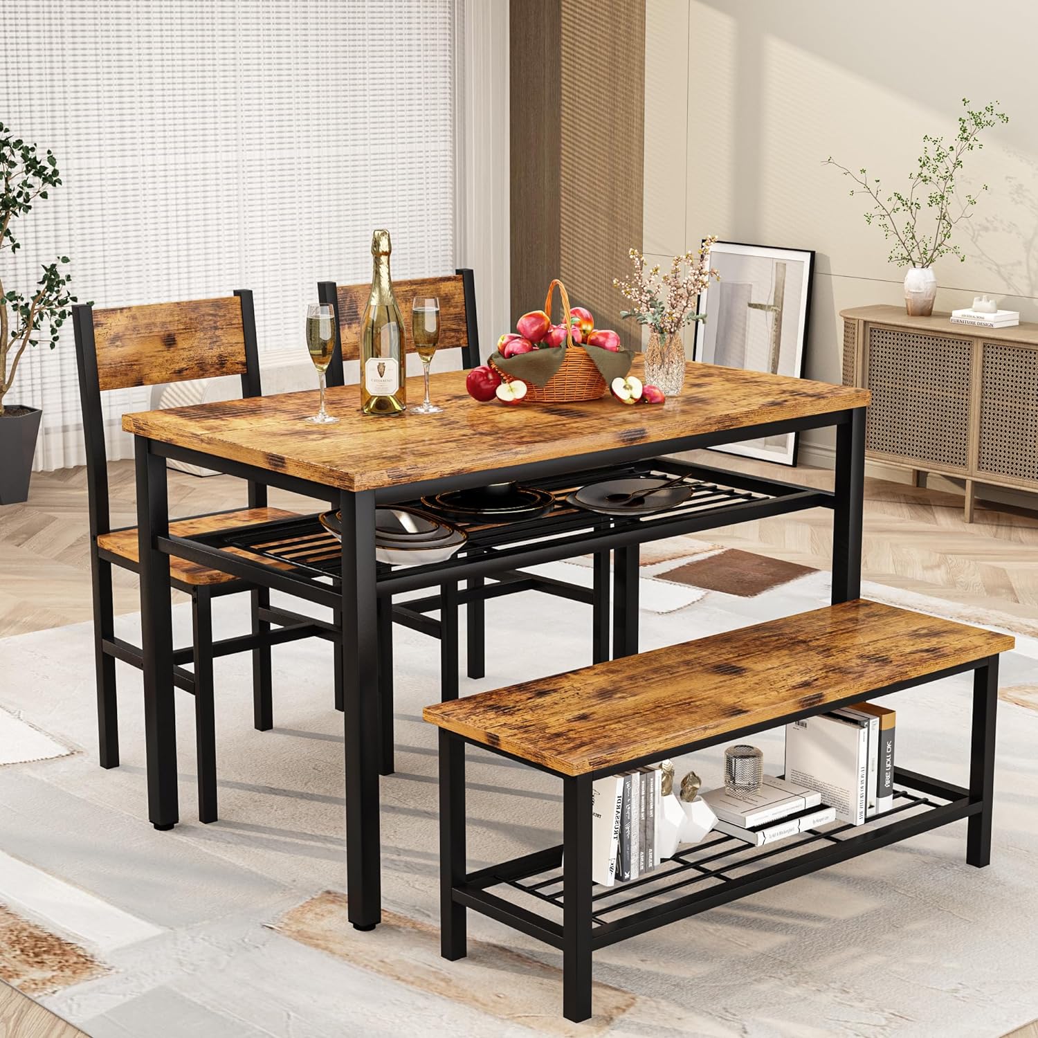 AWQM+4+Pieces+Dining+Table+Set%2c+Industrial+Dining+Table+with+Bench+and+Chairs+for+4%2c+Metal+Frame%2c+Kitchen+Table+Set+with+Storage+Rack+for+Dining+Room%2c+Breakfast+Nook%2c+Small+Space%2c+Rustic+Brown