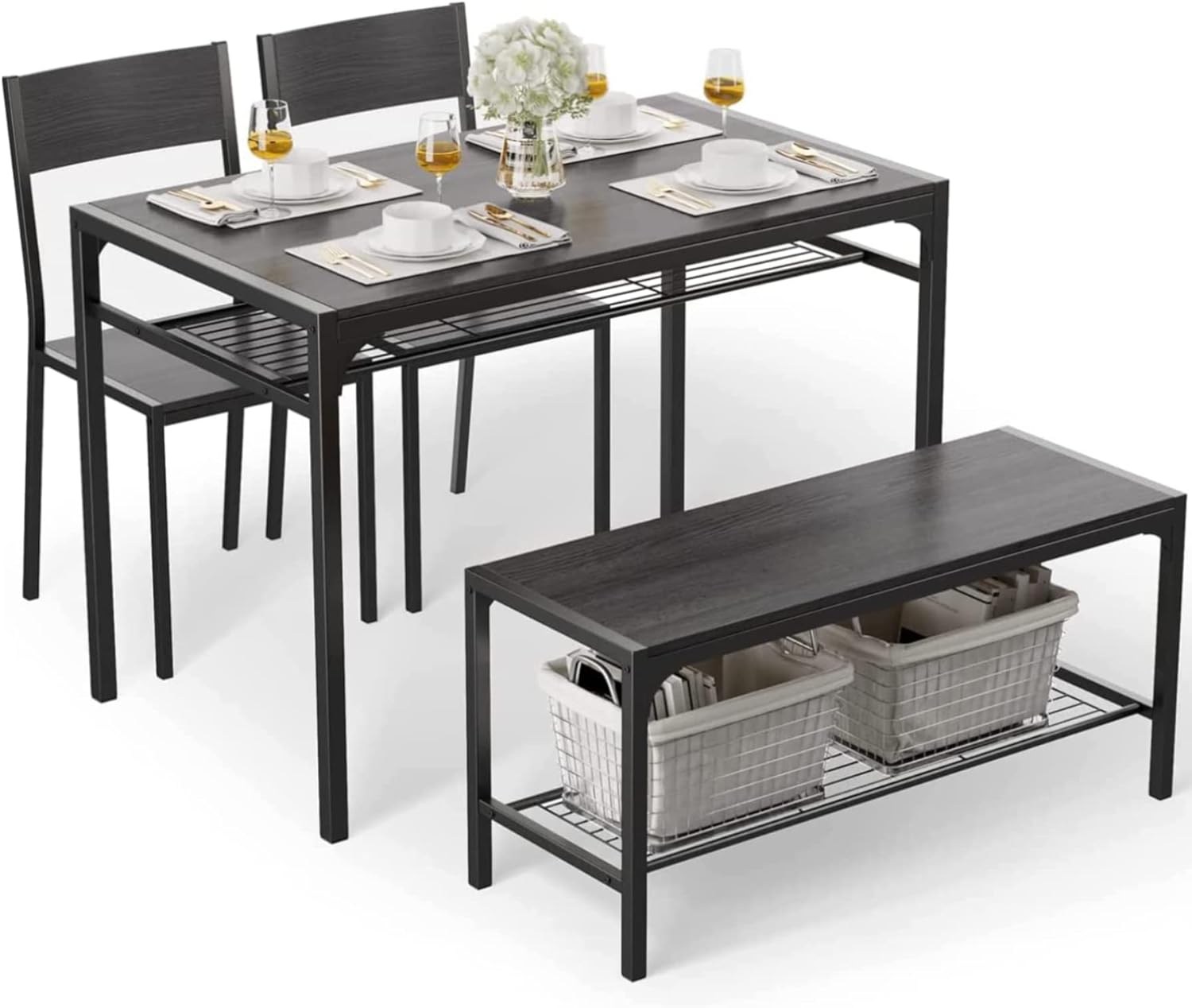 Gizoon Kitchen Table and 2 Chairs for 4 with Bench, 4 Piece Dining Table Set for Small Space, Apartment