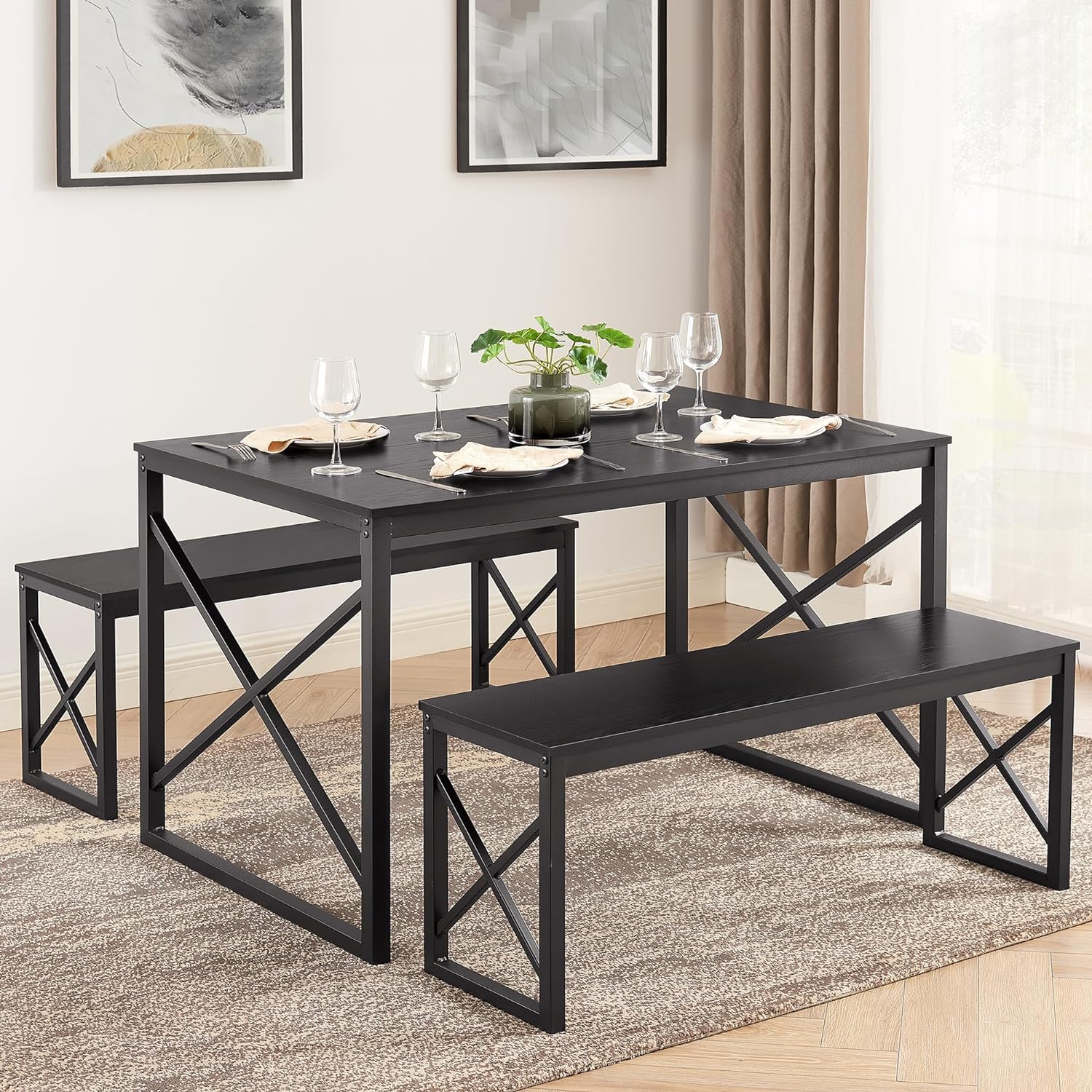 VECELO Kitchen Table with 2 Benches for 4, Wood Dining Room Dinette Sets with Metal Frame for Breakfast Nook and Small Space, 43.3, Black