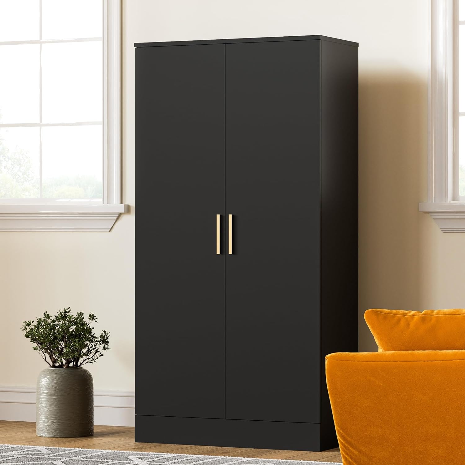 2 Door Pantry Cabinet, Black Storage Cabinet with Adjustable Shelf, Kitchen Storage Pantry for Living Room, Kitchen