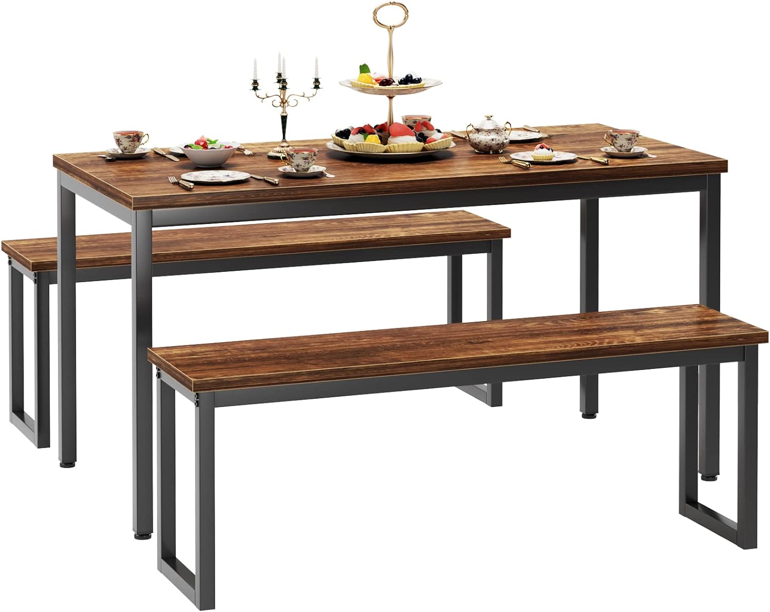 soges Kitchen Table Set with 2 Benches, Bench Dining Table Set for 4, 3 Piece Dining Room Table and Long Benches, Breakfast Table Coffee Table Set, Industrial Style Wooden Kitchen and Dining Room Set