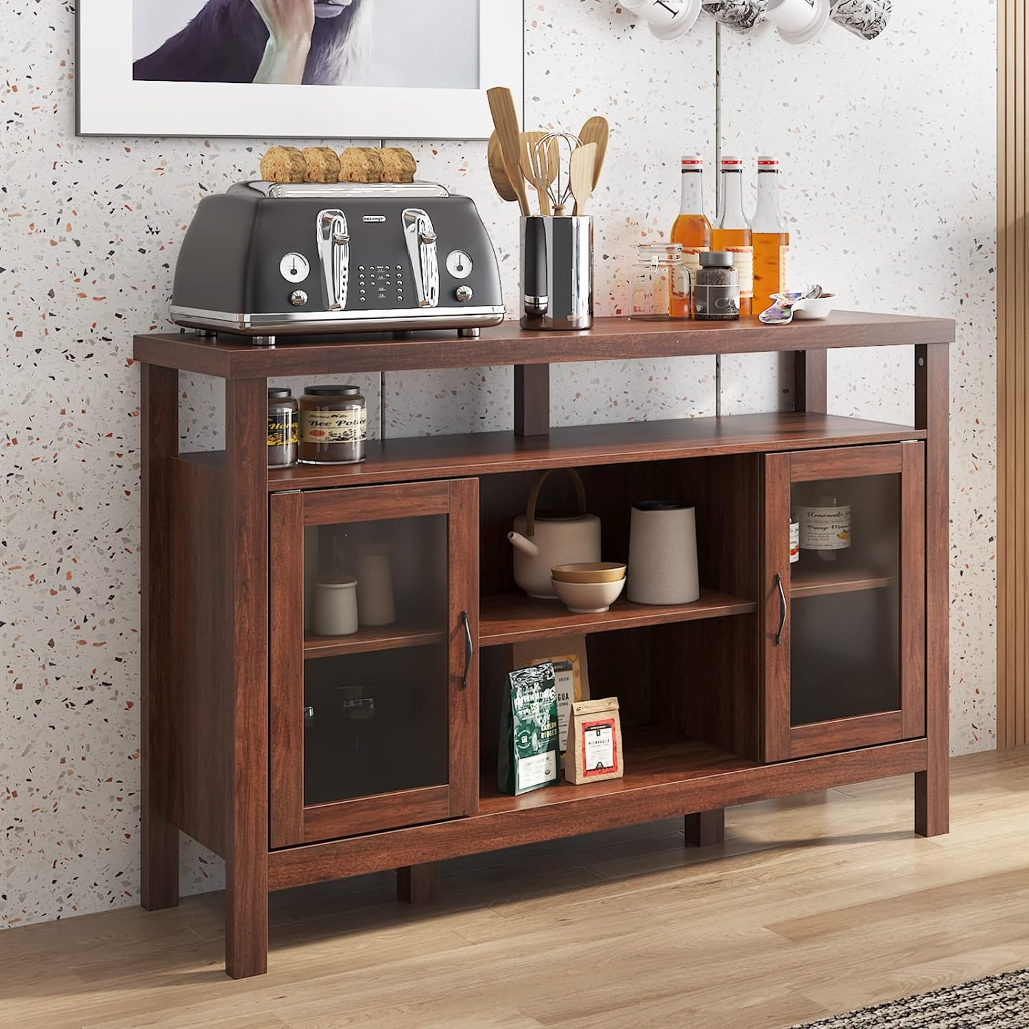 soges 52.4 inches Sideboard, Kitchen Buffet Server Table, Accent Sideboard Cupboard with Adjustable Shelves, Storage Console Table with Doors, Coffee Bar Cabinet