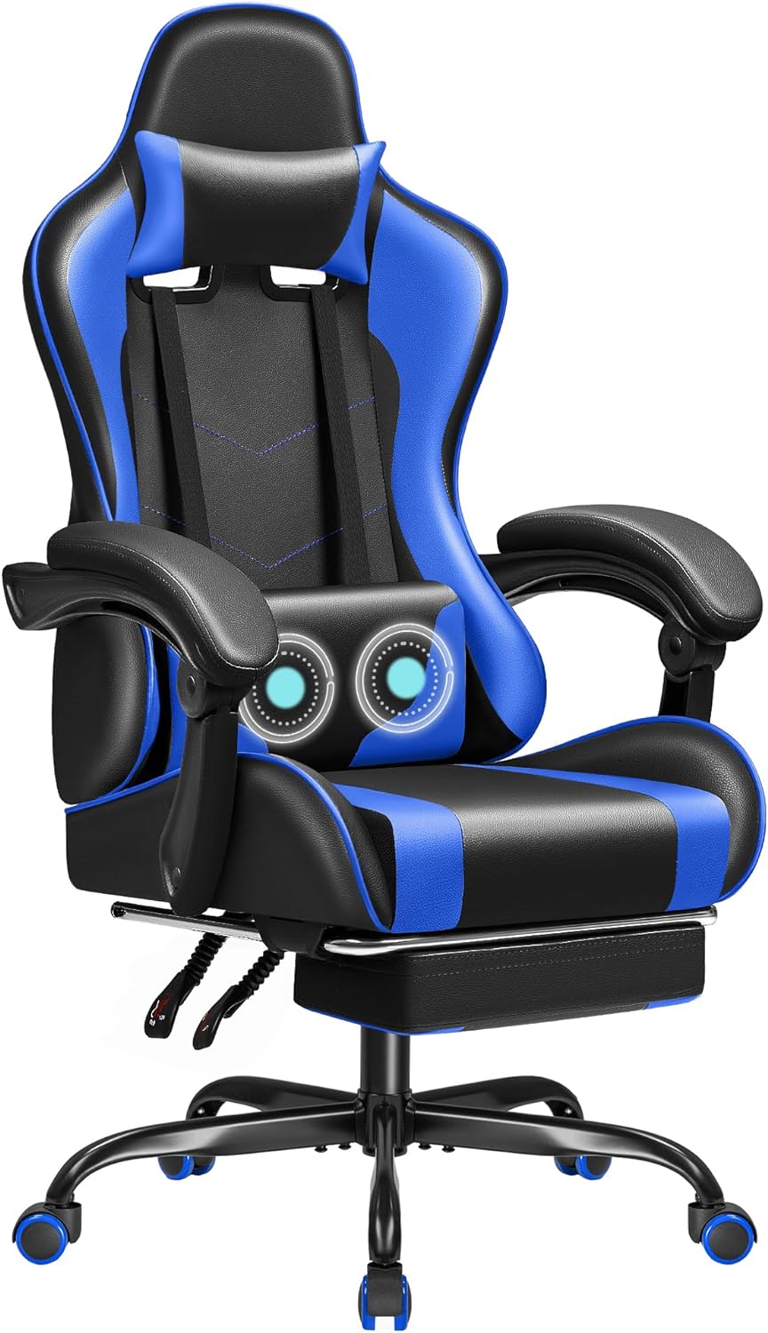 JUMMICO Gaming Chair Ergonomic Computer Chair with Footrest and Massage Lumbar Support, Height Adjustable Video Gaming Chair with 360 Swivel Seat and Headrest (Blue)