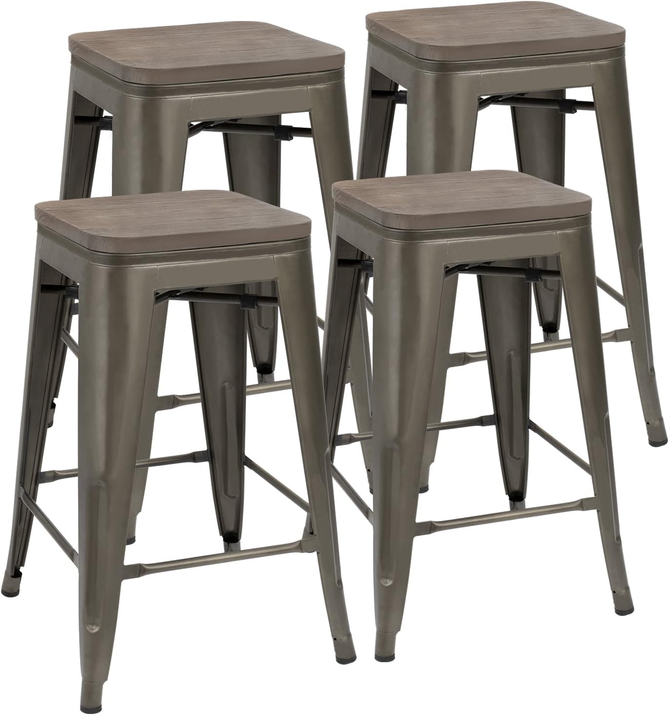 JUMMICO Metal Bar Stools Indoor-Outdoor Stackable Modern 24 Inches Gun Metal Counter Height Industrial Barstools with Wooden Seat Set of 4 (Gun)