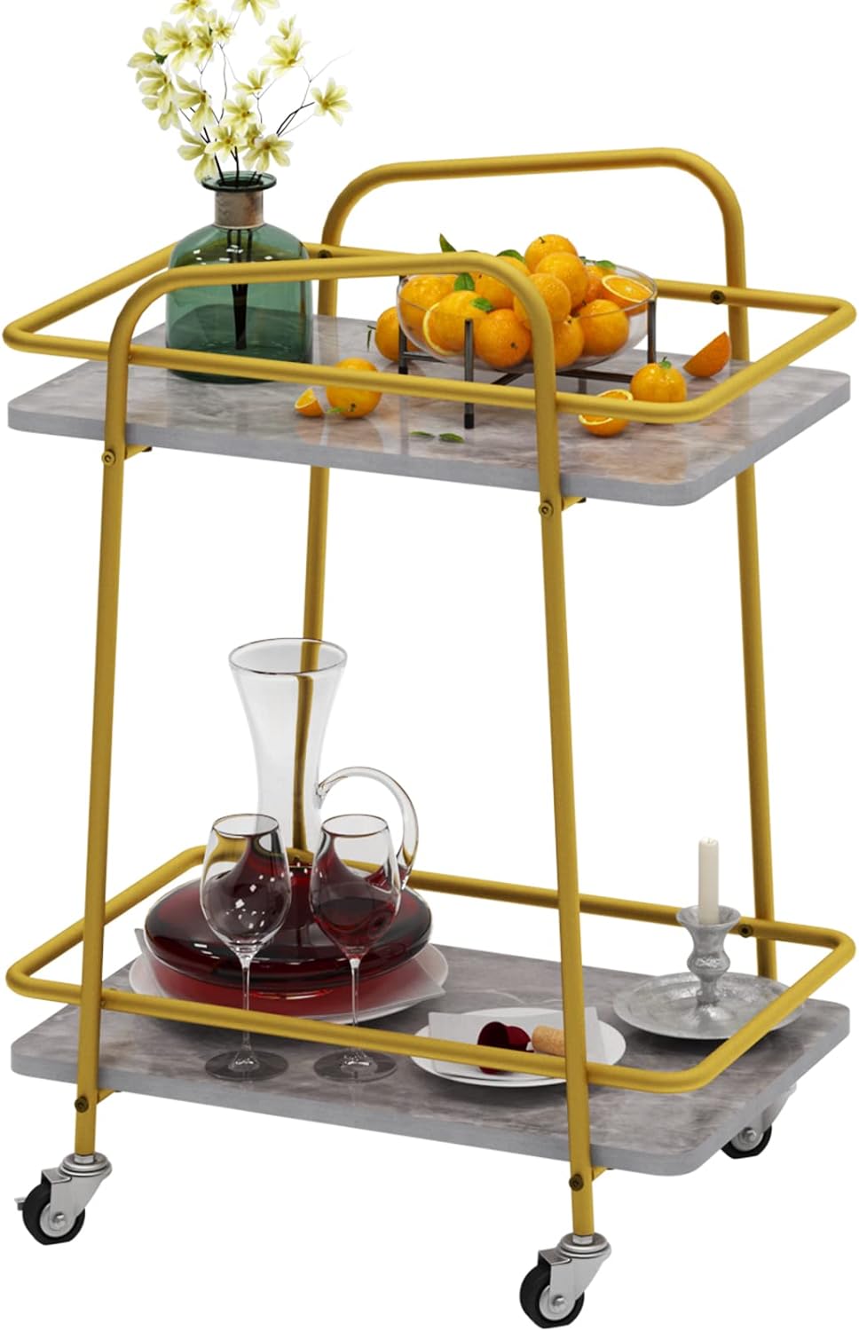 soges Bar Serving Cart, Rolling 2-Tier Storage Cart, Mobile Trolley with Unique Metal Handle, Service Cart on Wheels for Laundry Kitchen Bathroom