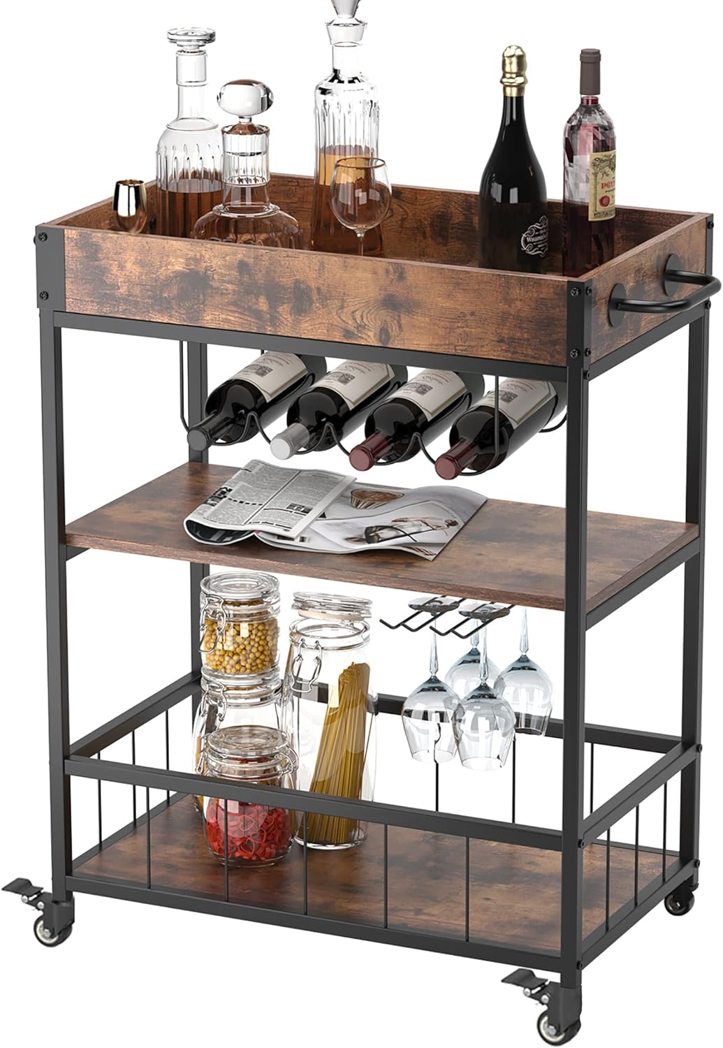 soges Mobile Bar Cart, Kitchen Serving Cart, Outdoors Party Serving Bar Trolley, Rolling Wine Cart with Bottle Glasses Holders, Kitchen Cart with Removable Storage Tray