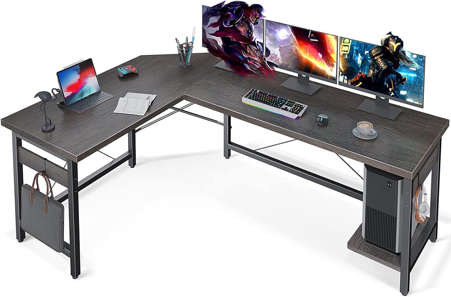 Coleshome 59 L Shaped Gaming Desk, Corner Computer Desk, Sturdy Home Office Computer Table, Writing Desk, Larger Gaming Desk Workstation, Grey Oak