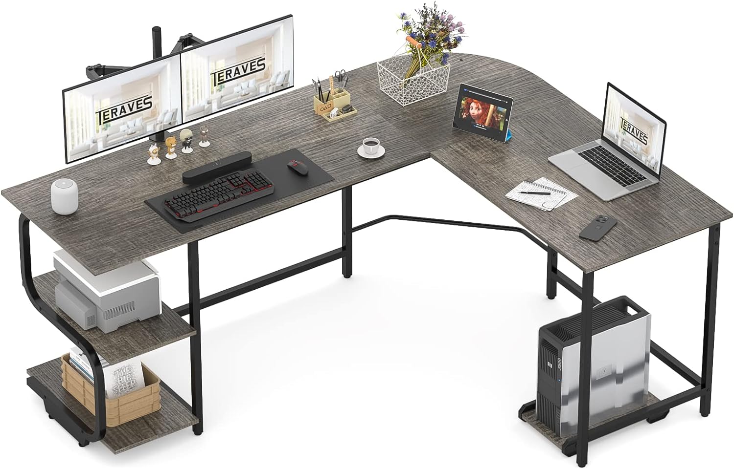 Teraves Reversible L Shaped Desk with Large Surface, 69 Inch Sturdy Corner Desk with Storage Shelves, Premium Office Computer Desk Workstation for Home Office Gaming