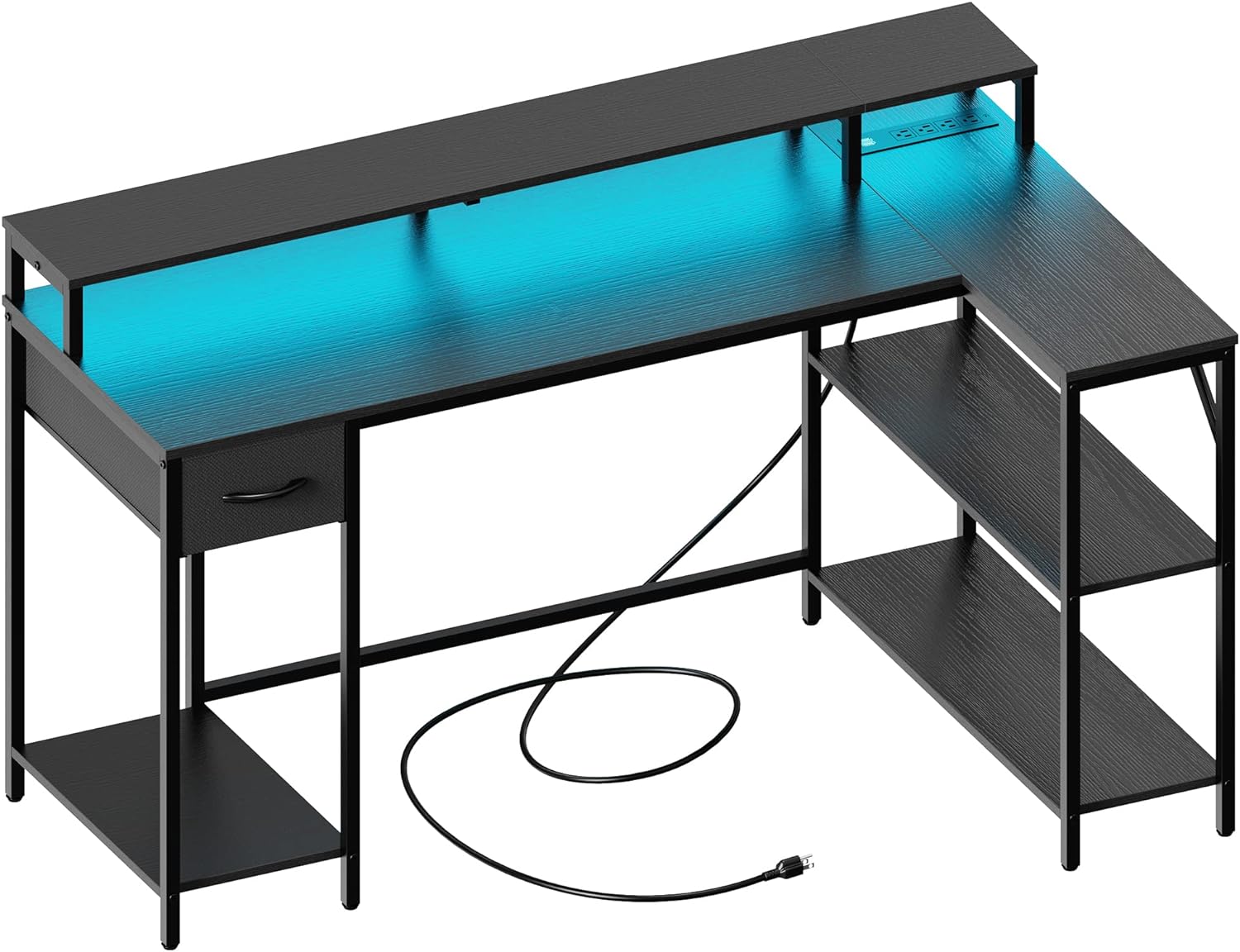 SUPERJARE 53 Inch L Shaped Desk with LED Lights & Power Outlets, Reversible Computer Desk with Shelves & Drawer, Corner Desk Home Office Desk, Black