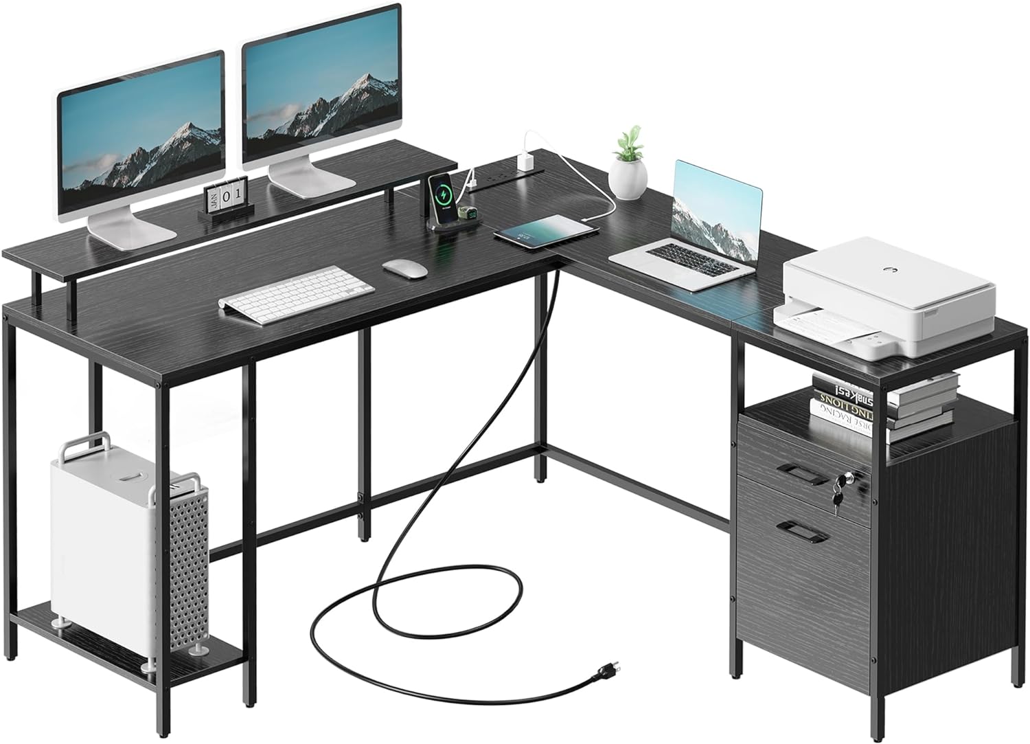 SUPERJARE Reversible Computer Desk with Power Outlets & File Cabinet, L Shaped Desk with Monitor Stand & Storage Shelves, Corner Desk Home Office Desk, Black