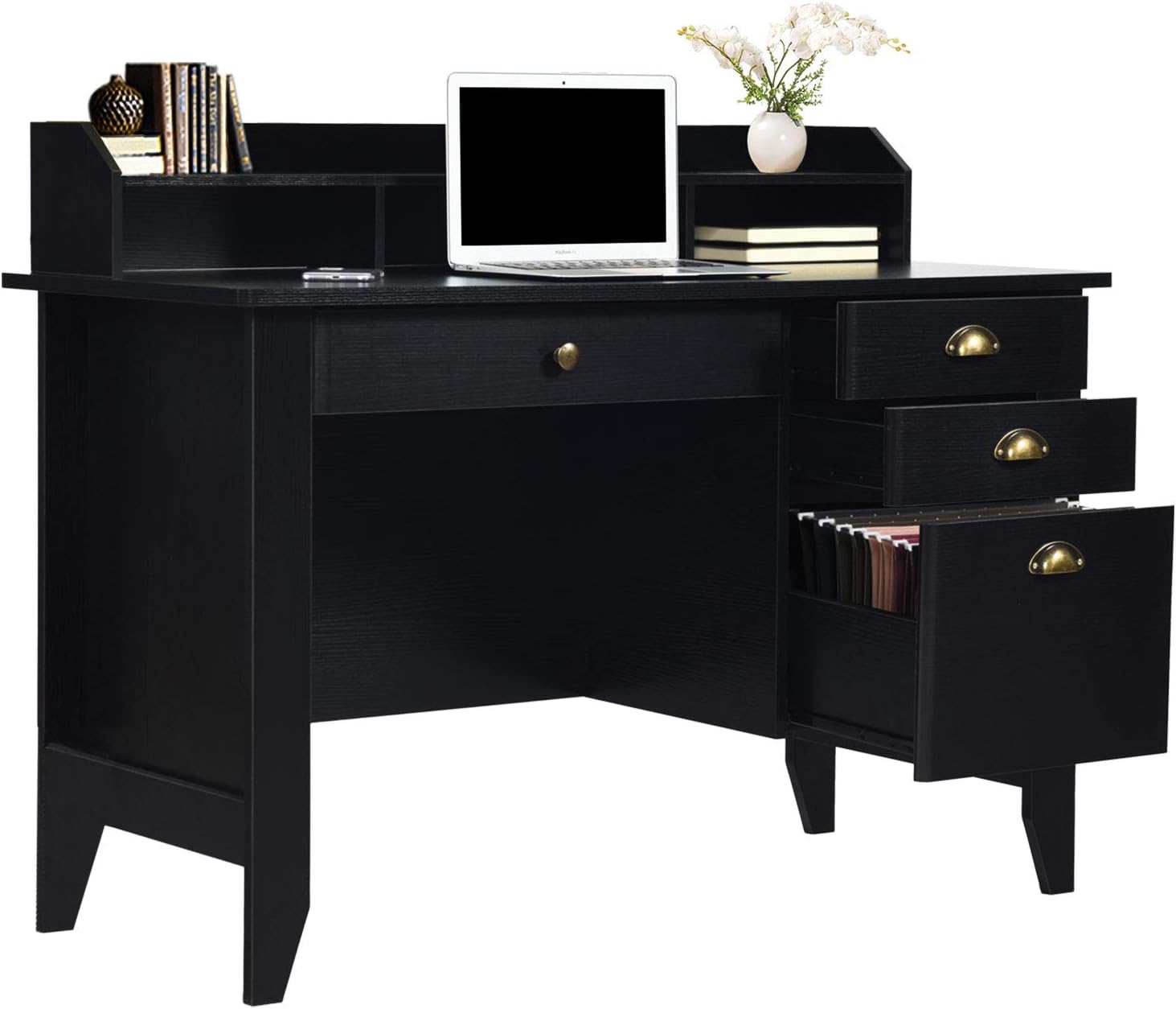 Catrimown Black Desk with Drawers and Hutch, Wood Home Office Computer Desks Teens Student Study Writing Table with File Drawer for Bedroom, Small Desk with Drawers for Small Spaces, Matte Black