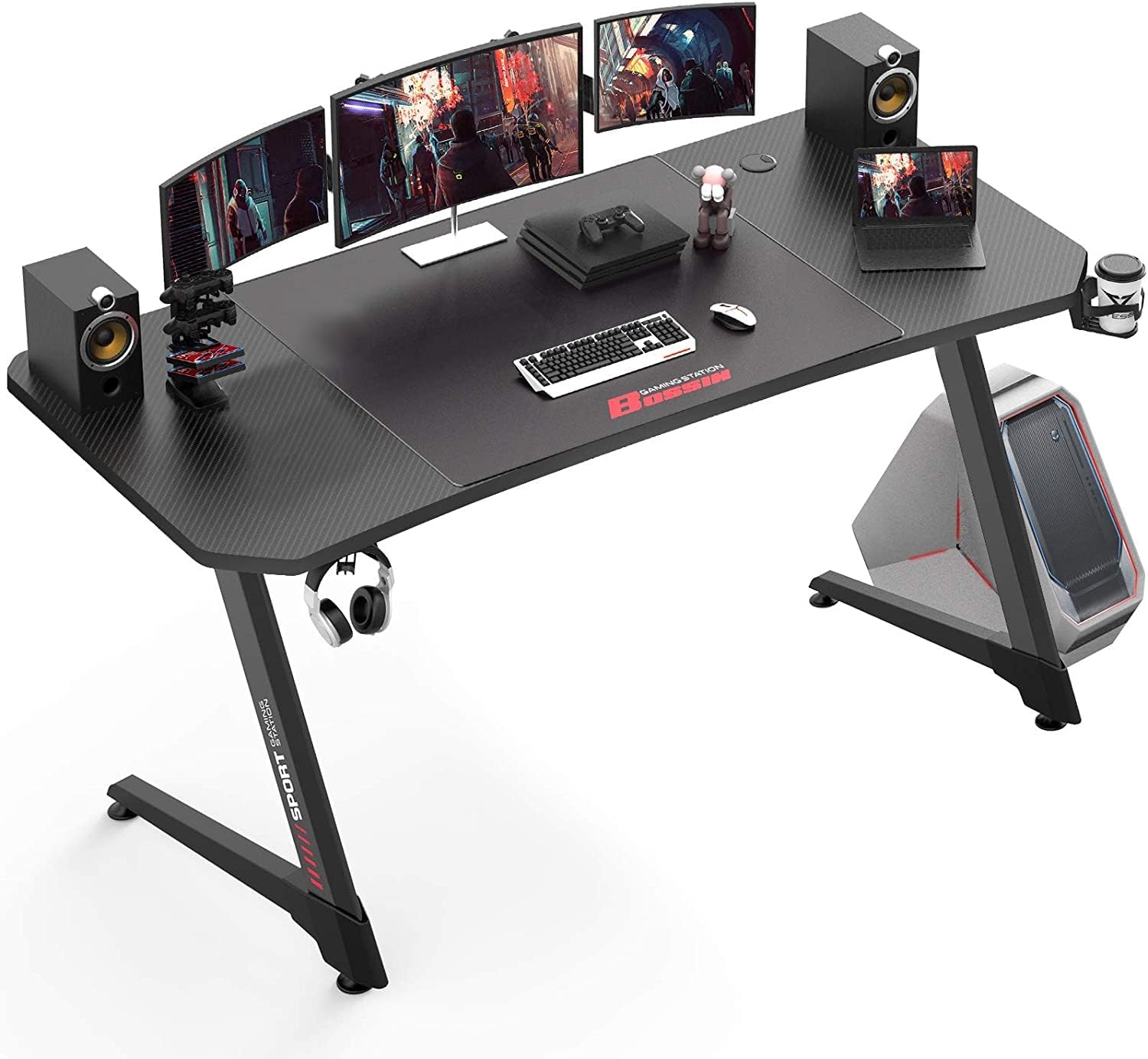 VITESSE Gaming Desk 63 Inch, Ergonomic Gamer Computer Desk with Mouse Pad, PC Gaming Tables with Gaming Handle Rack, Cup Holder Headphone Hook