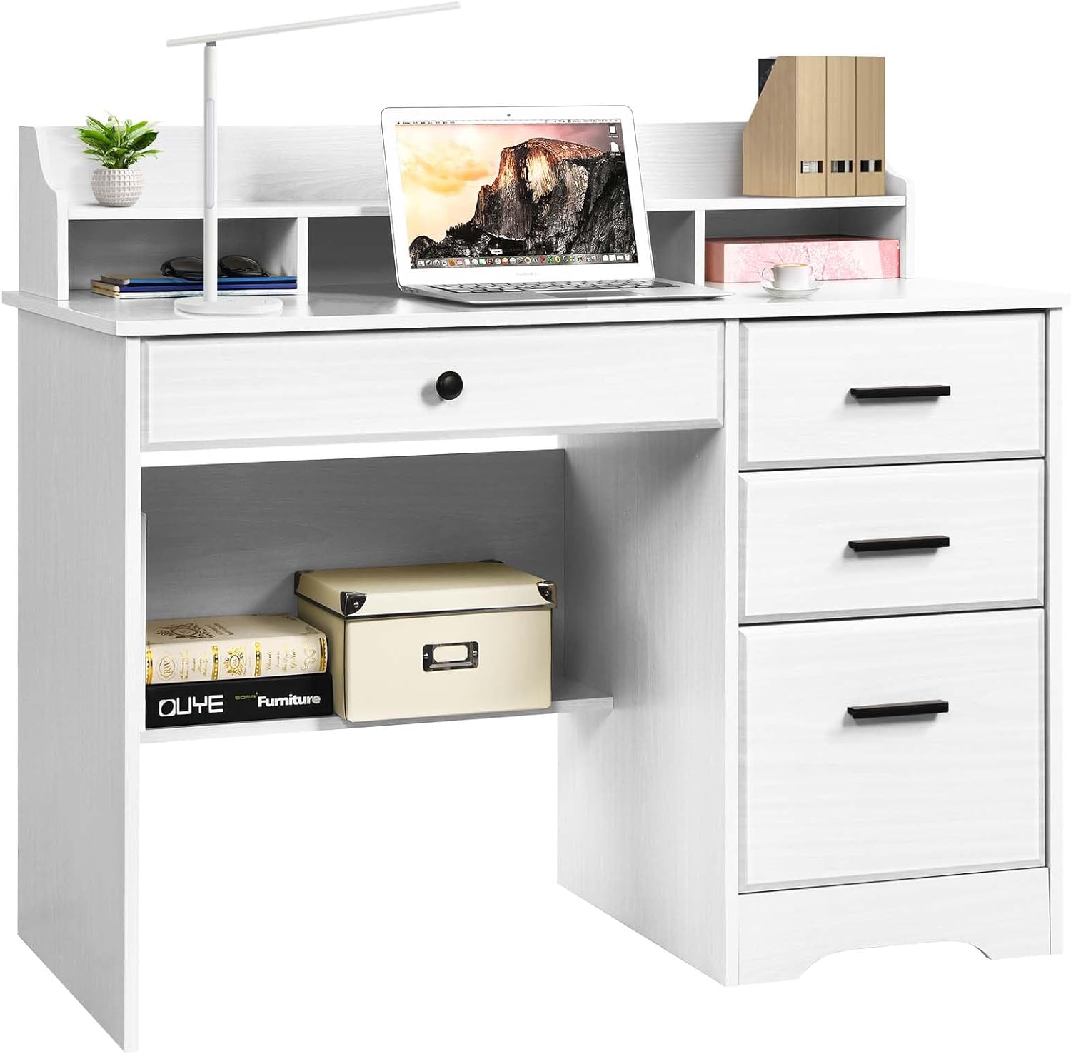 Catrimown White Desk with Drawers, 44 Inch Desk with Storage Drawers for Home Office Wood Writing Study Table with Hutch for Girls Teens, Small Desk for Bedroom with Drawers, Small Space, White