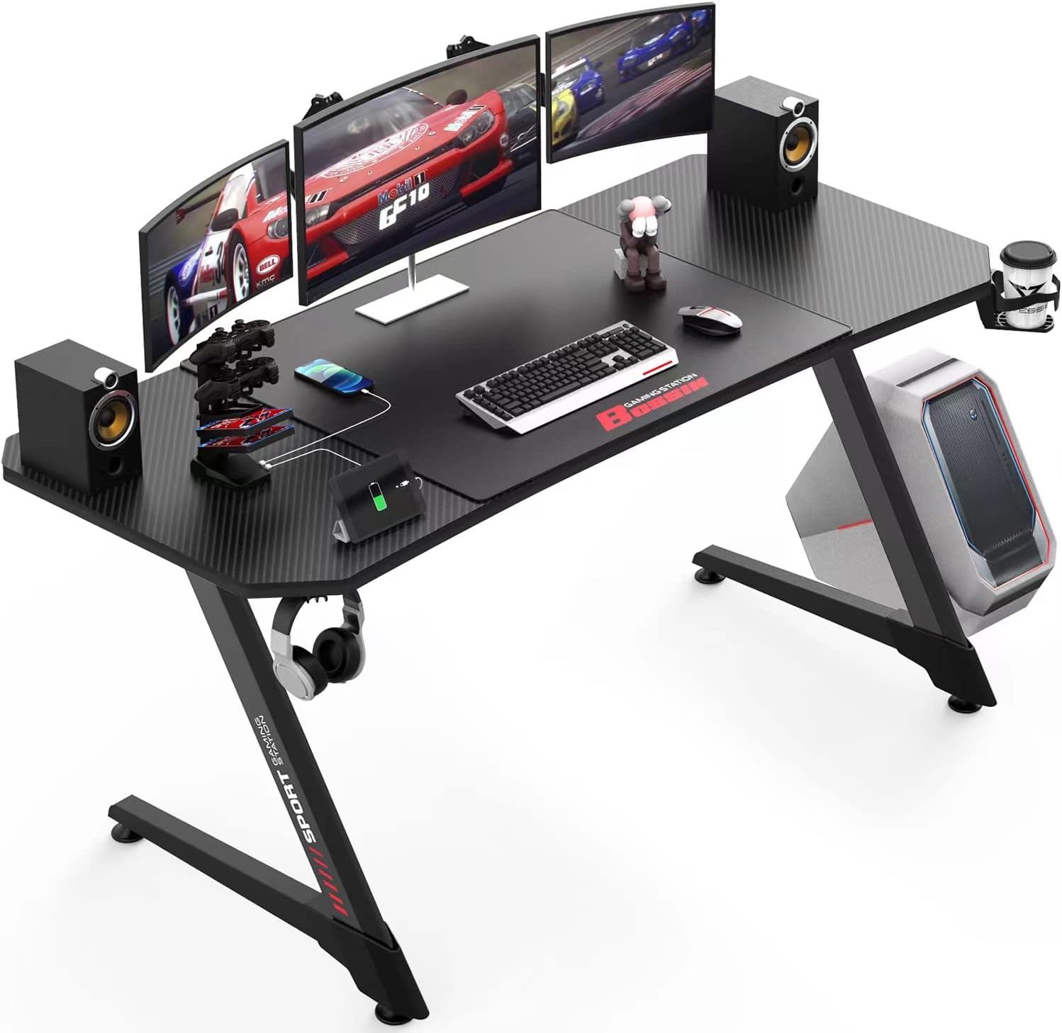 VITESSE Ergonomic Gaming Desk 55 Inch, Z Shaped Office PC Computer Desk with Mouse Pad, Gamer Tables with Gaming Handle Rack, Cup Holder Headphone Hook