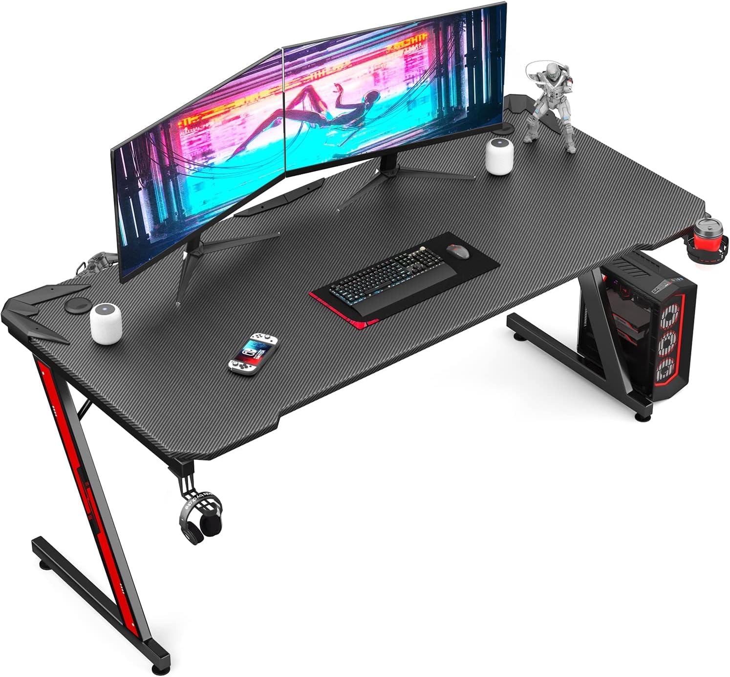 Homall Gaming Desk Computer Desk Gaming Table Z Shaped Pc Gaming Workstation Home Office Desk with Carbon Fiber Surface Cup Holder and Headphone Hook (Black, 63 Inch)