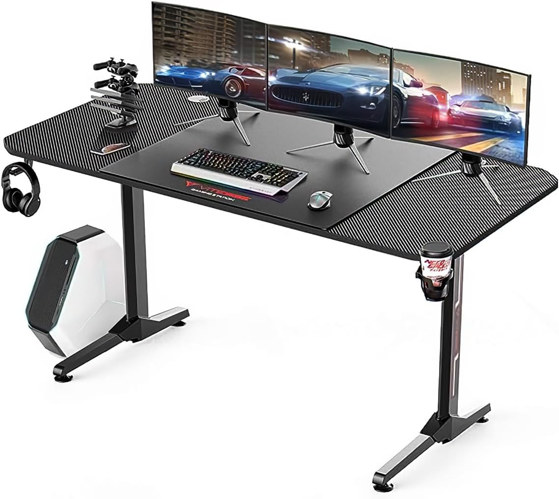 VITESSE 63 inch Gaming Desk, Gaming Computer Desk, PC Gaming Table, T Shaped Racing Style Professional Gamer Game Station with Free Mouse pad, USB Gaming Handle Rack, Cup Holder and Headphone Hook