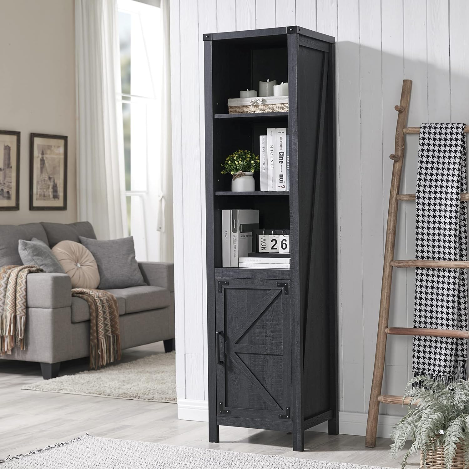 JXQTLINGMU Narrow Storage Cabinet, 5 Shelf Bookshelf, Bookcace, Pantry Cabinet, Farmhouse Storage Cabinet with Doors and Adjustable Shelves for Living Room, Bedroom, Kitchen (Black)