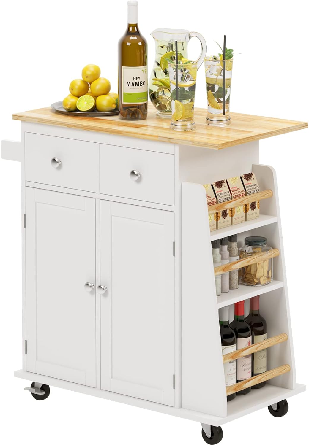 soges Mobile Kitchen Storage Island Cart with 3-Tier Spice Rack and Towel Handle on Wheels, Utility Trolley Cart Serving Cart with Drawers and Cabinet, Rolling Storage Pantry Cabinet, FZSR-HT05WT