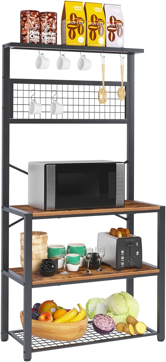 soges Kitchen Baker' Rack, 4-Tier Design, Microwave Stand, Rustic Brown, Utility Organizer, Mesh Bottom Panel, Free Standing with 5 Hooks