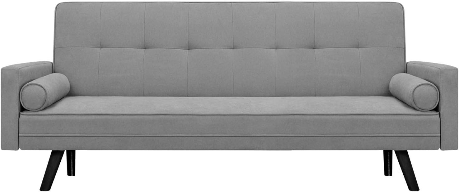 JUMMICO Mid-Century Futon Sofa Bed Modern Fabric Couch Convertible Reclining Sofa Bench Seat with 2 Cushion for Living Room and Office, 80 inch Length (Grey)