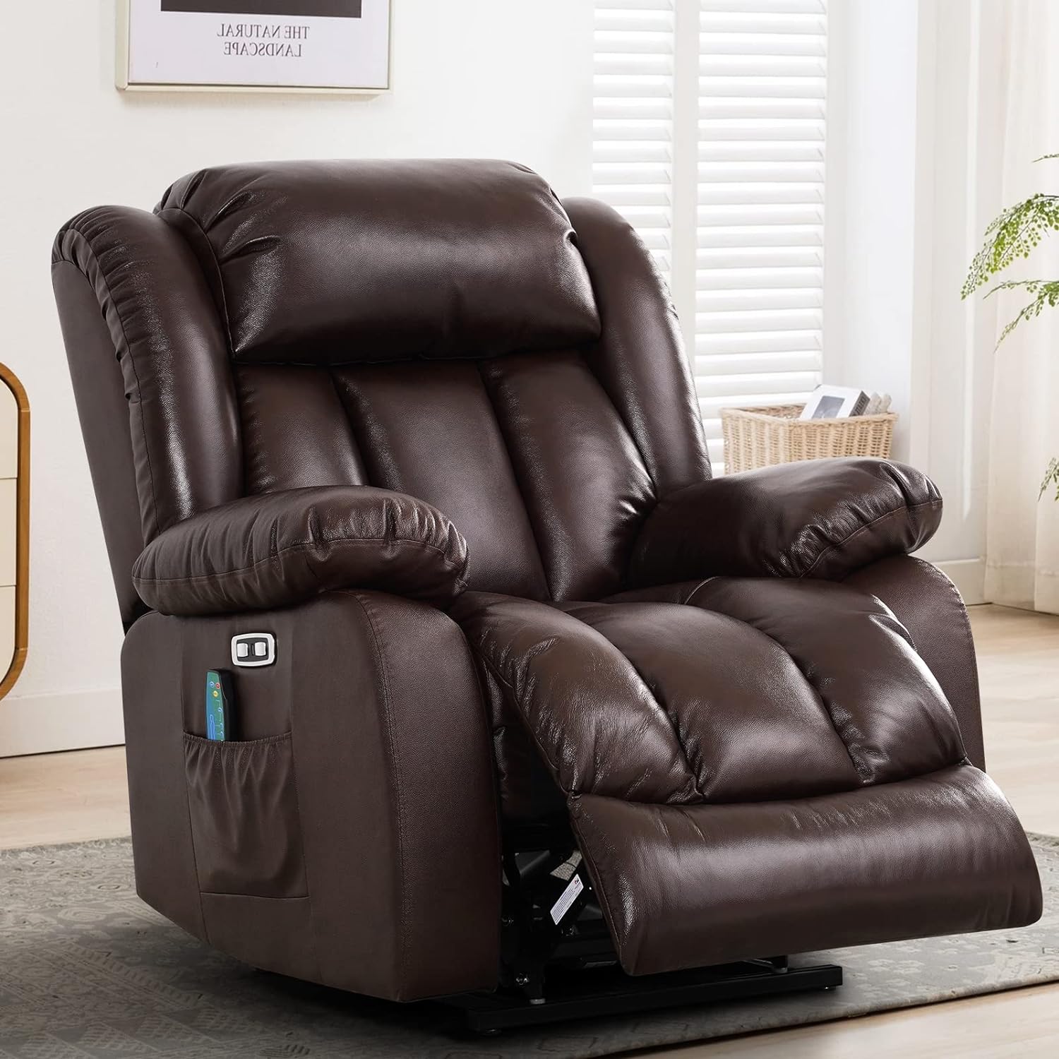 Large Lay Flat Sleeping Genuine Leather Lift Recliner Chairs for Elderly with Heat and Massage, with Dual OKIN Motor,Overstuffed Wide Recliners for Living Room,USB Ports (Brown)