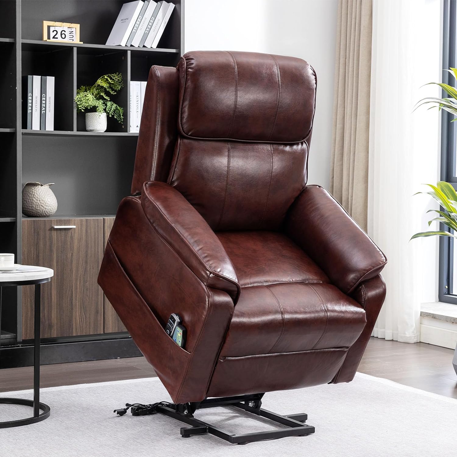 COMHOMA Dual Motor Power Lift Recliners Chair for Elderly Faux Leather Sofa Chair Electric Recliner with Massage and Heat, USB Ports, Side Pockets (Brown)